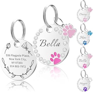Dog Tags Personalized for Pets, Personalized Pet ID Tags for Dogs and Cats, Cute Paw Print Customized Engraving Nameplate Pet ID Tag with Custom Text (Pink)