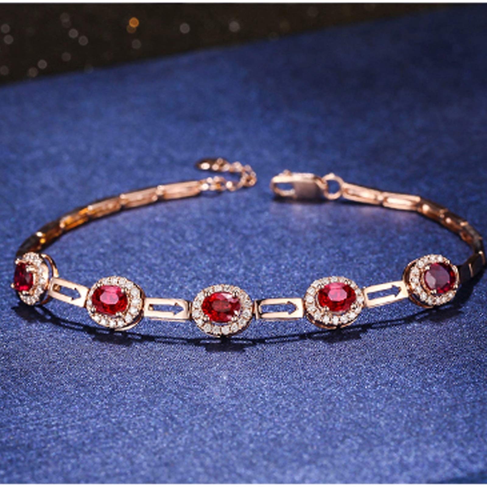 ZH1YFD Pulsera de Cadena de Oro Rosa de rubí, eslabón de Barra y halo con Cadena de Pulsera de rubí y Zafiro de 1,35 Quilates para Mujer 16,5 + 2,5 CM