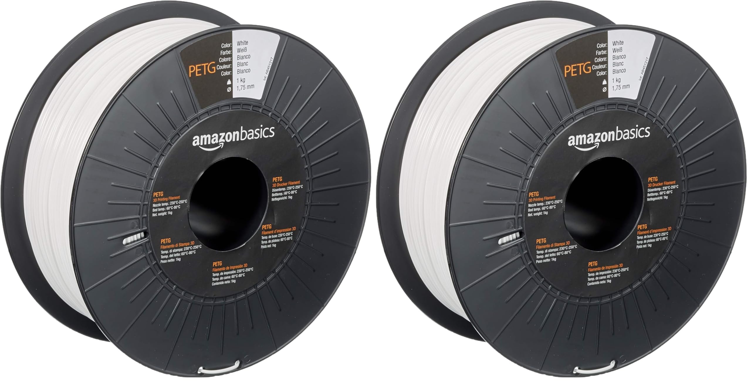 Amazon Basics Filamento per stampanti 3D, in PETG, 1.75 mm, bianco, 1 kg per bobina (Confezione da 2)