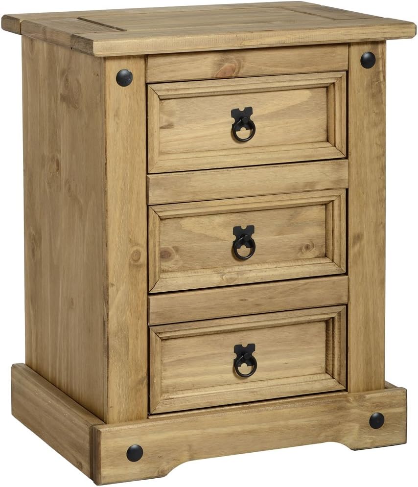 Corona 3 Drawer Bedside Chest in Distressed Waxed Pine