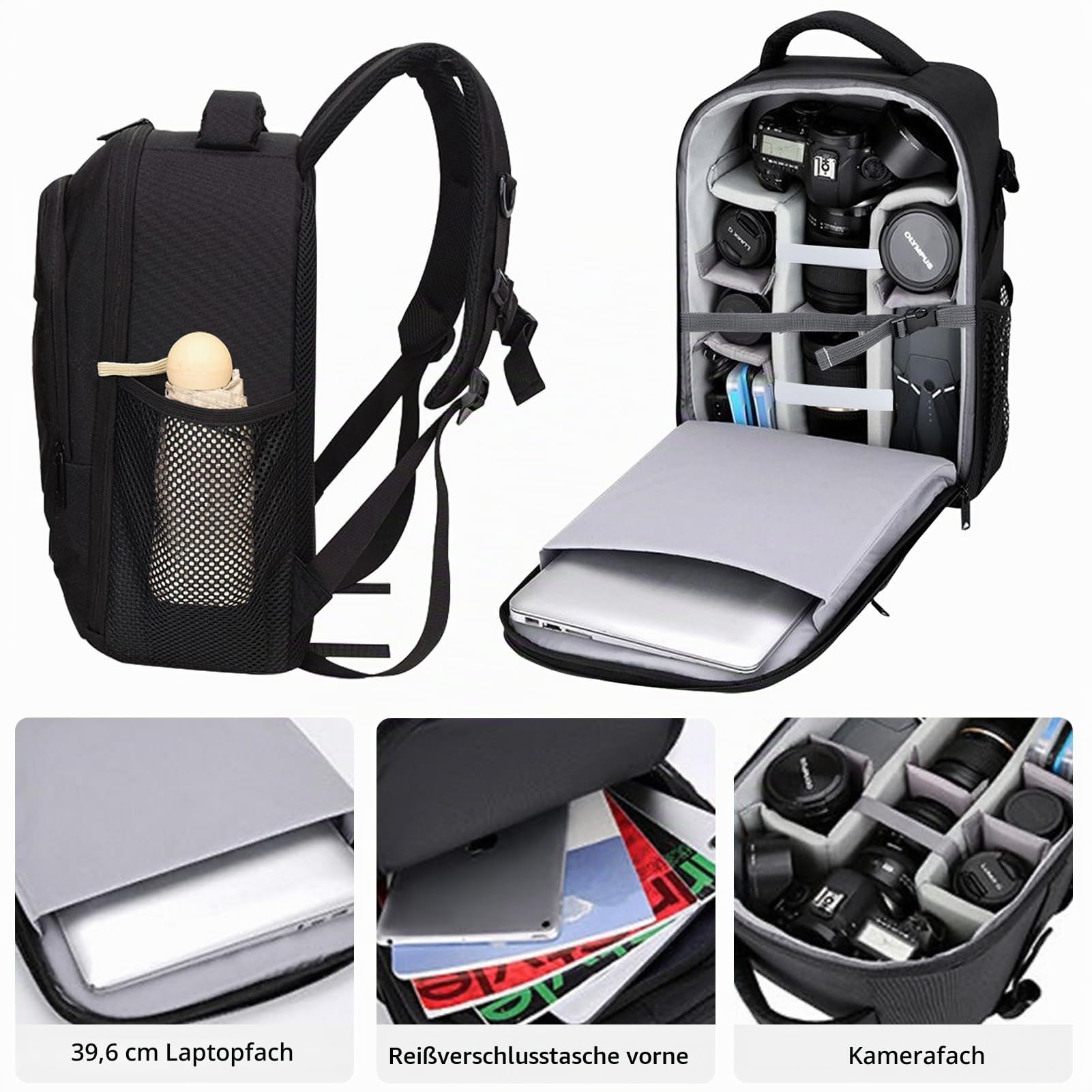 Kamerarucksack Groß, Fotorucksack für DSLR, Spiegelreflexkamera und spiegellose Kamera, Kamera Rucksack 39 x 29 x 19 cm mit Regenhülle, Trennwänden, Laptopfach und Brustgurt, Schwarz