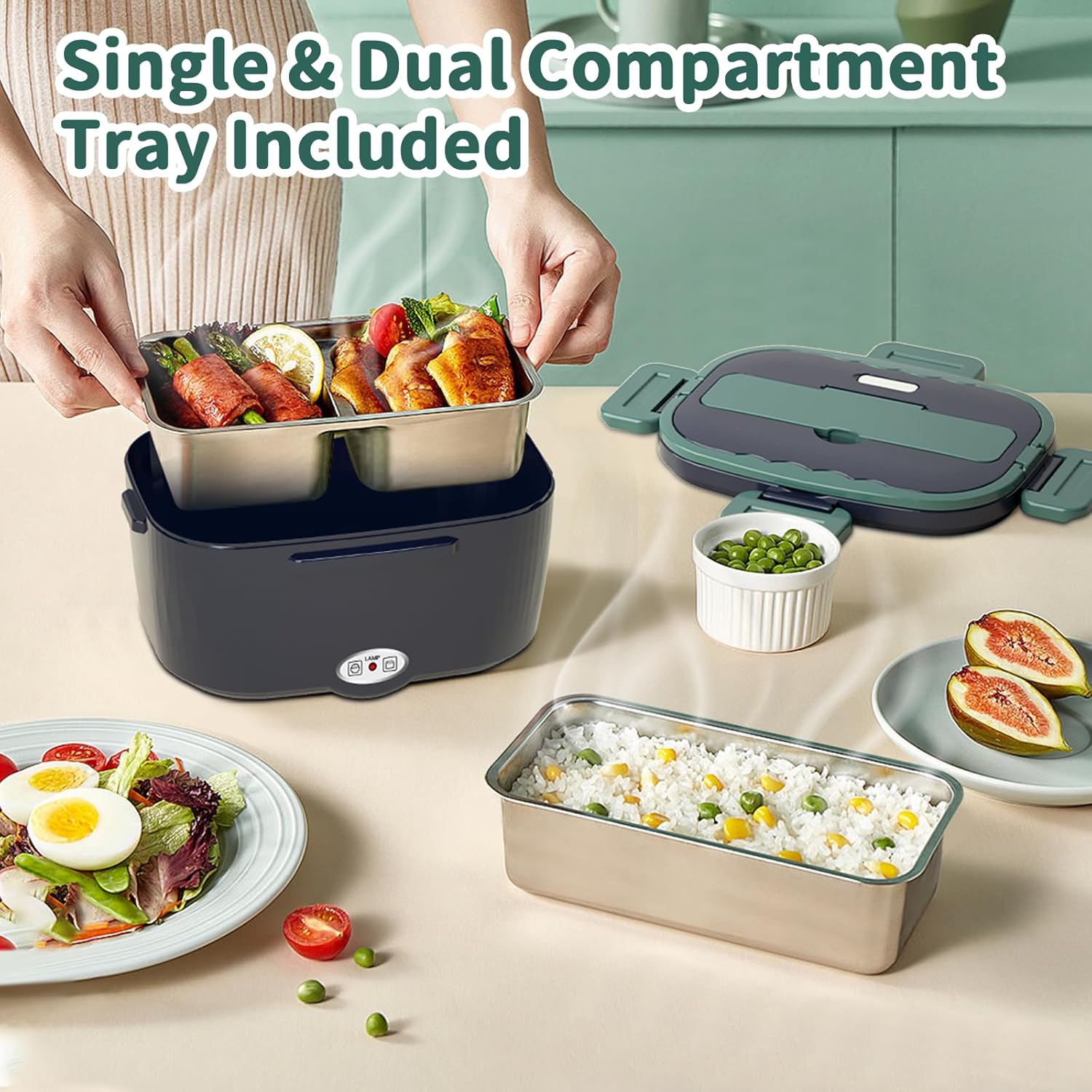 Electric Heated Lunch Box for Adults with 2 Pack 1.5L Containers, Portable 100W 3-IN-1 Fast Heated Lunch Box for Men Women, Portable Heating Food Warmer,12V/24V/110V for Car Truck Office Home Travel