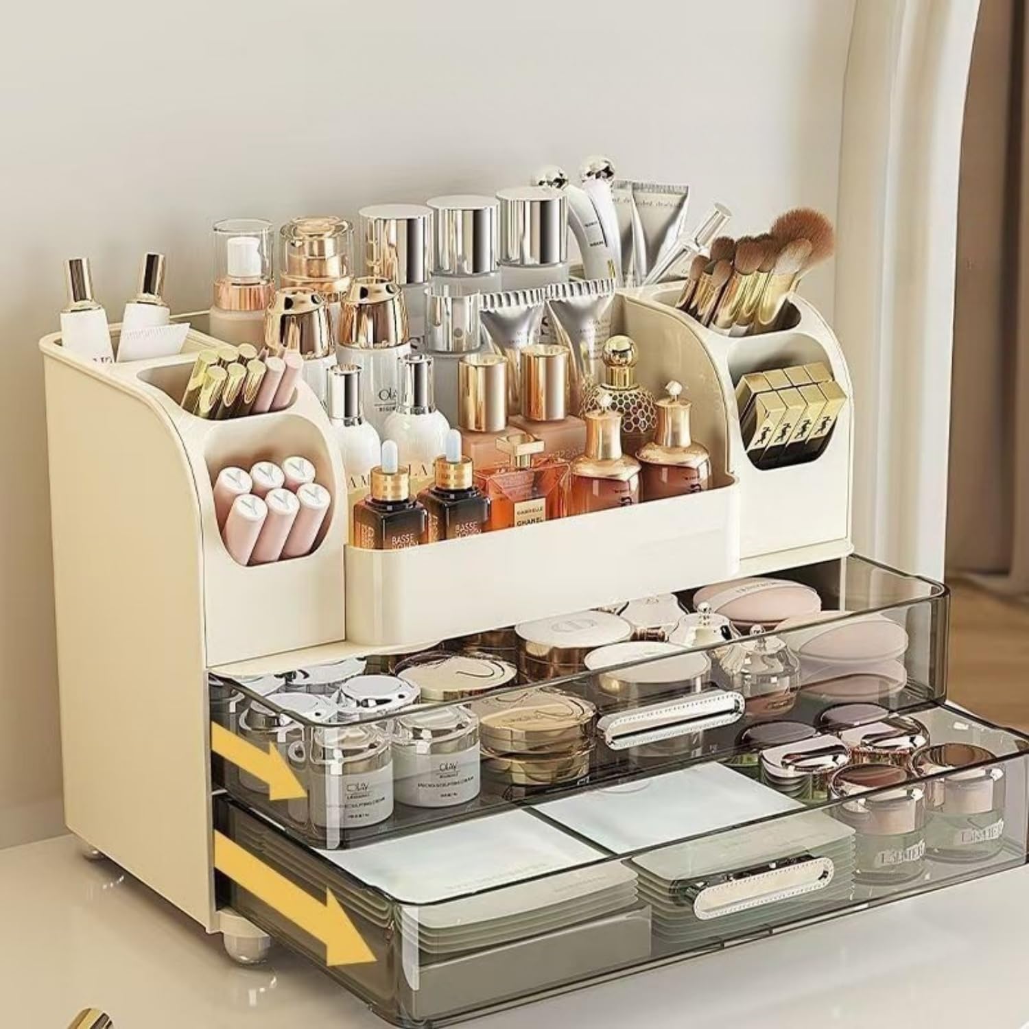 Makeup Organizer with Drawers for Vanity,Bathroom Countertop Organizer with Brushes Holder,Skincare Storage Organizer,Perfect Cosmetic Display Case for Skincare,Lipstick and Beauty Essential (Cream)