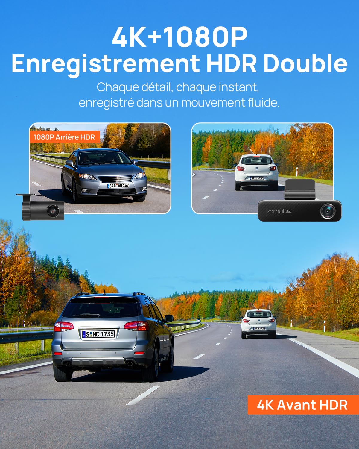 70mai Dash Cam 4K M800 Avant et Arrière, Capteur STARVIS 2 IMX678, Vision Nocturne, Ouverture f/1.7 Double HDR, Compatible 4G LTE & Wi-FI 5 GHz, eMMC Intégrée de 128 Go, GPS, Commande Vocale