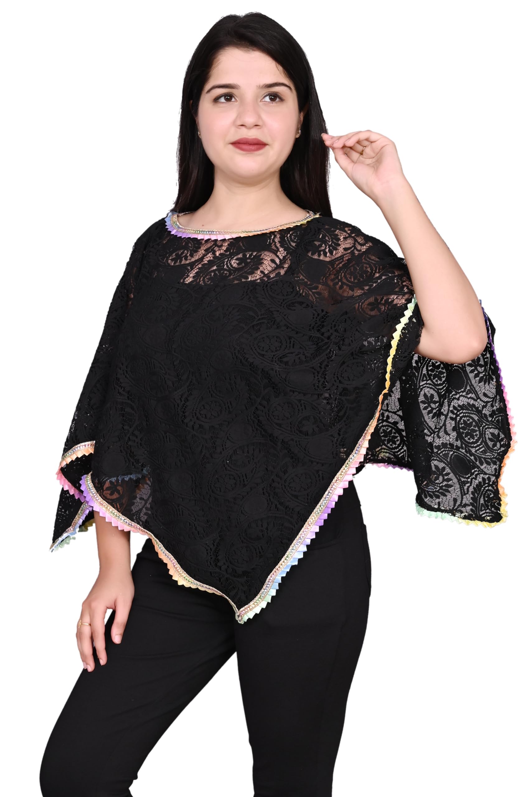 Women's Net Capes Shrugs Poncho Regular For Girls With New Stylist Normal Colour Lace Black Colour-image-11