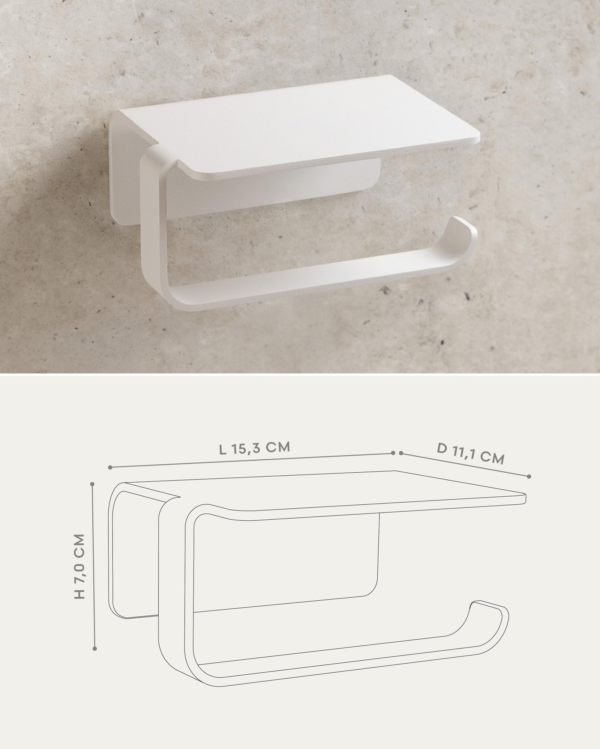 KAZAI. Portarrollos sin taladrar | Porta Rollos de Papel higiénico Adhesivo con Estante | Soporte de Papel higiénico para baño en Metal | Blanco