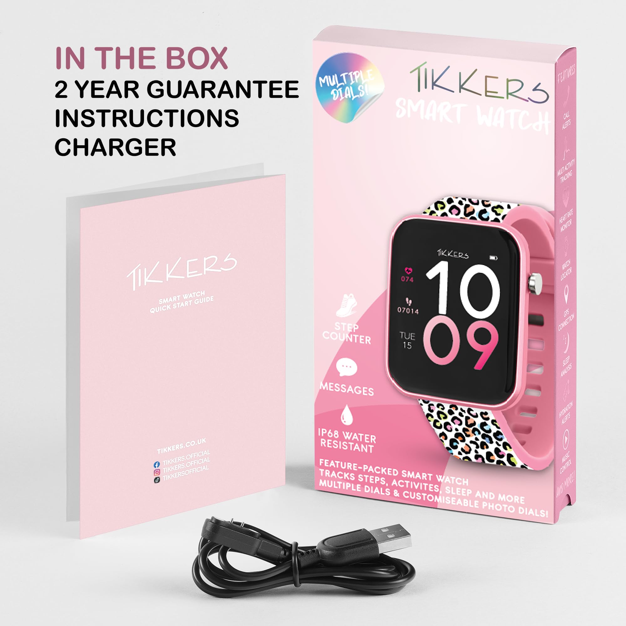 Tikkers Kids Series 13 Leopard Montre intelligente avec moniteur de fitness, réveil, appareil photo, connexion GPS, moniteur de fréquence cardiaque, compteur de pas, écran tactile, IP68, bracelet en
