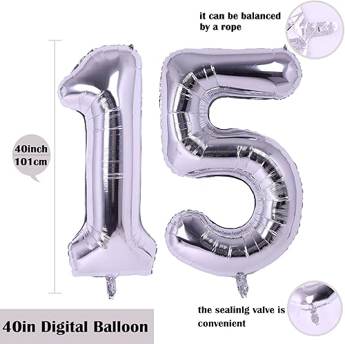 Miniatura 2 de Globo plateado grande de 40 pulgadas con el número 15 de tamaño extra grande, globos de helio de aluminio de Mylar para fiesta de cumpleaños,