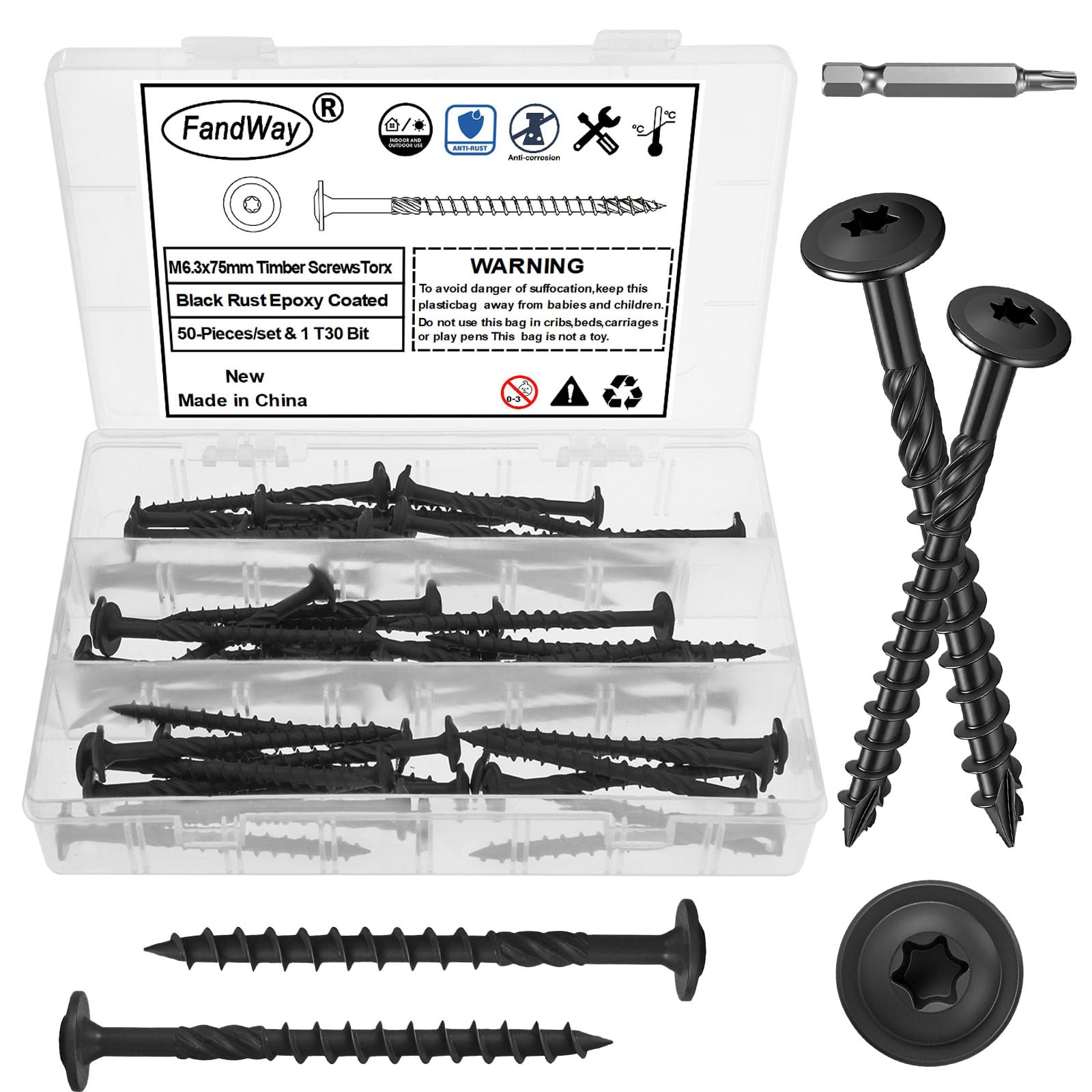 FandWay 50 Pcs Timber Screws,6.3x75mm Heavy Duty Structural Wood Screws,Torx Wafer Head Fixing Deck Screw,Rust Epoxy Coated With T30 Star Bits for Outdoor Log Landscape Frame Construction (Black).