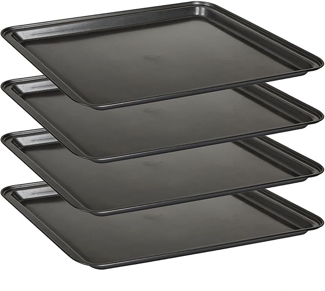 AHUNTTER Set of 4 Oven Trays Non Stick Set, Large Shallow Baking Sheet with PFOA Free, Carbon Steel Cooking Roasting Pans for Ovens- Dishwasher Safe (37 x 26 x 2CM)