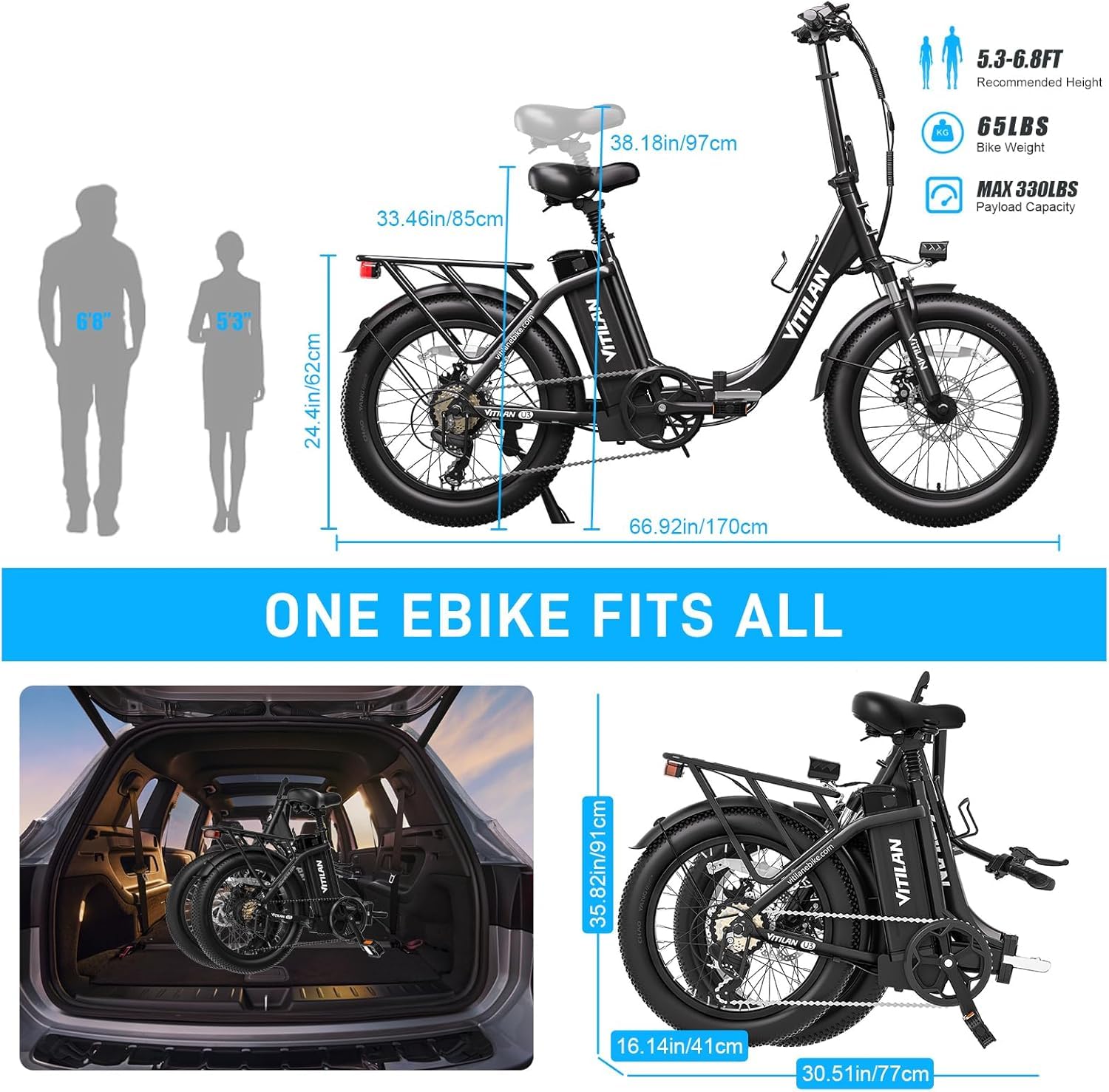 VITILAN U3 Bici Elettrica Pieghevole per Adulti, E-bike con Telaio a Scavalco da 25 km/h, Potente Motore da 250 W con Pedalata Assistita,Pneumatici Larghi da 20"×3.0",Doppia Sospensione