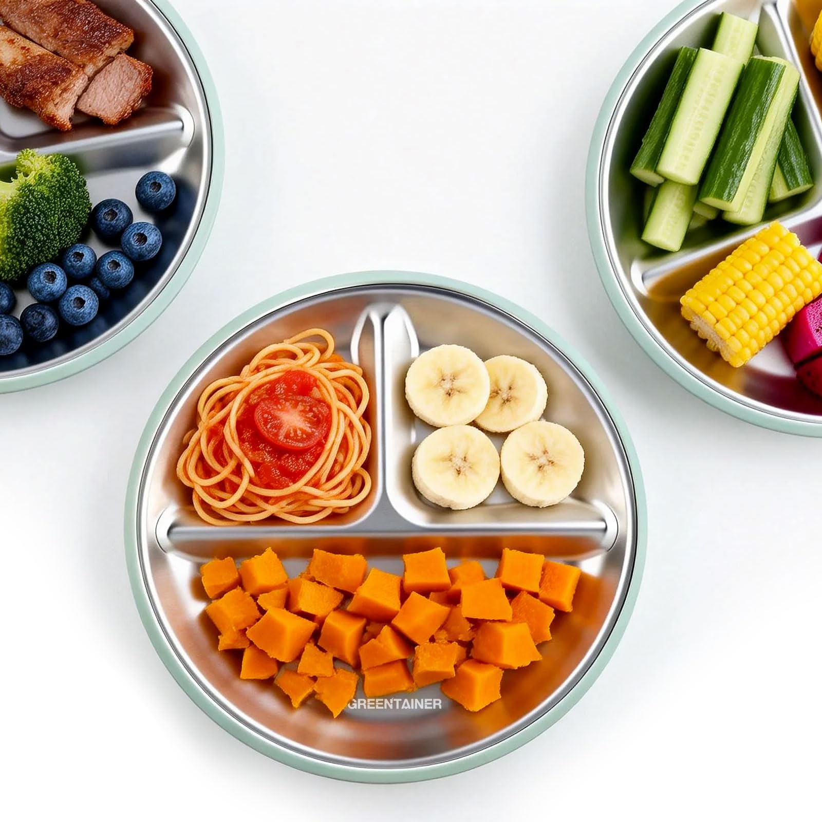Greentainer Lot de 3 assiettes en acier inoxydable, assiette divisée en silicone avec base adhésive, ustensiles pour tout-petits pour l'alimentation du bébé, sevrage à la demande du bébé, réutilisable