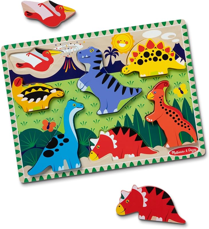 Melissa & Doug Dinosaur Wooden Chunky Puzzle (7 pcs) - FSC Certified | 7 Piece Set, Wooden Dinosaur Play Figures, Puzzle Board, Motor Skill Buiilding, Matching Play, Toddler Toys for Kids, Ages 2+