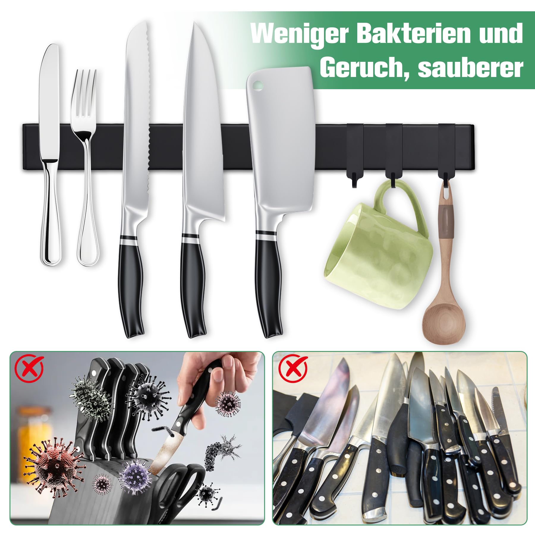 Magnetleiste Messer 40 cm, Messerhalter magnetisch schwarzmit 3 Haken,Magnet Messerhalter aus Edelstahl mit Klebeband und Schrauben für Messer und Utensilien