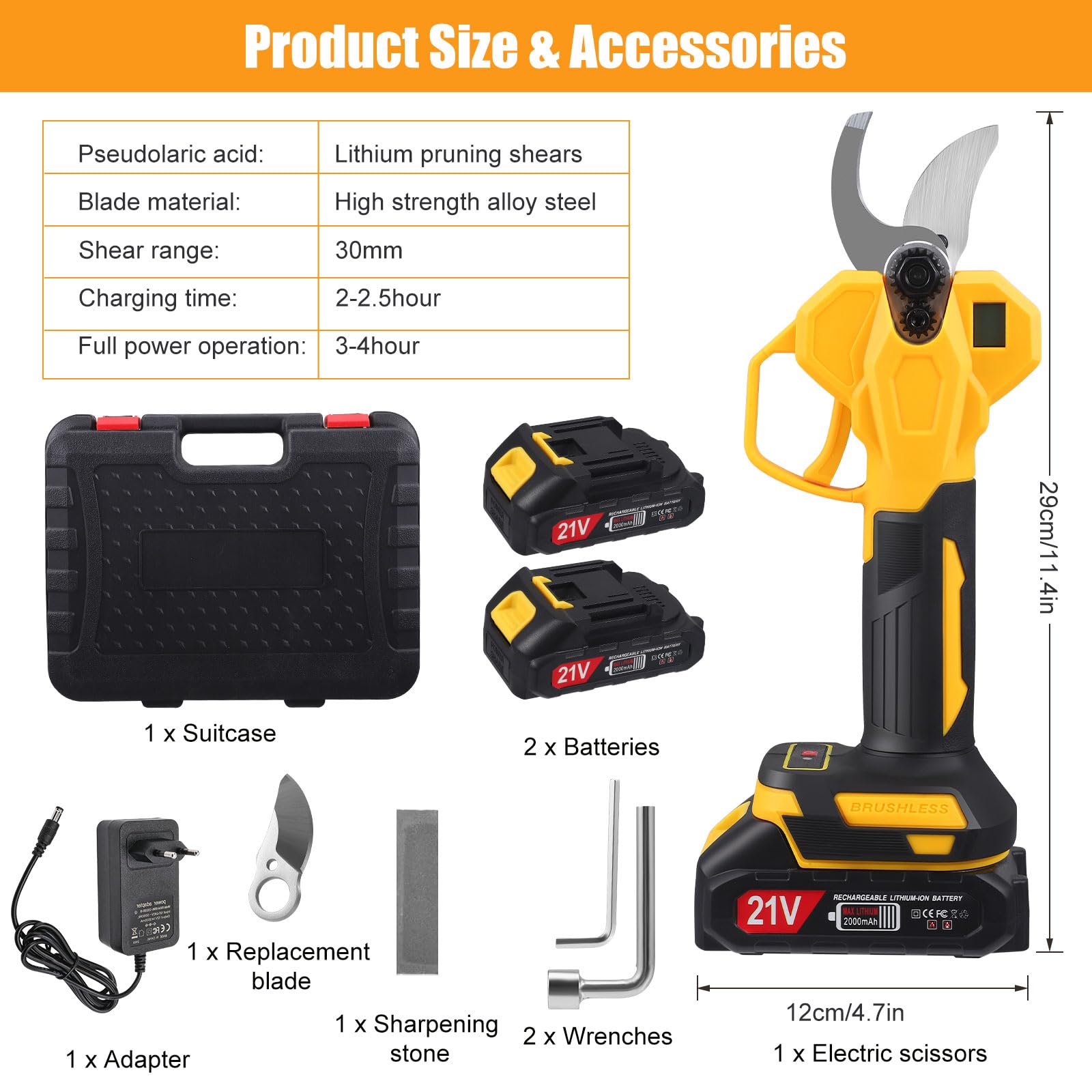 Sécateur Électrique Sans Fil 30mm, Secateur a Batterie, Secateur Electrique Professionnel avec 2 x 2000 mAh, Écran LCD, Moteur Brushless, SK7 Lame, Secateur de Jardin pour Arbres, Arbres fruitiers