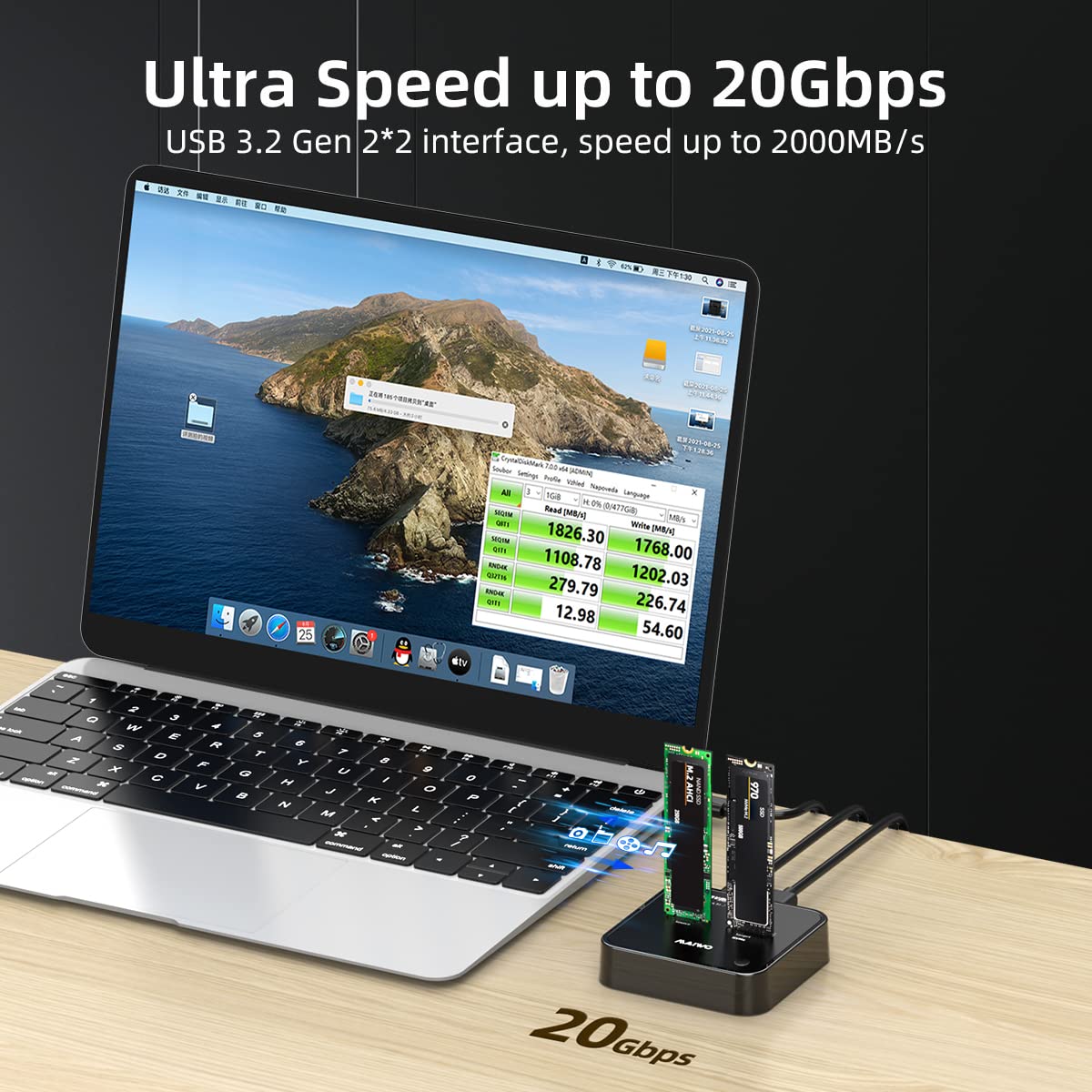 MAIWO 2 bay M.2 NVMe/AHCI SSD clone Docking Station USB 3.2 Gen2x2 (20Gbps) con funzione di duplicatore e lettore, K3016P2.