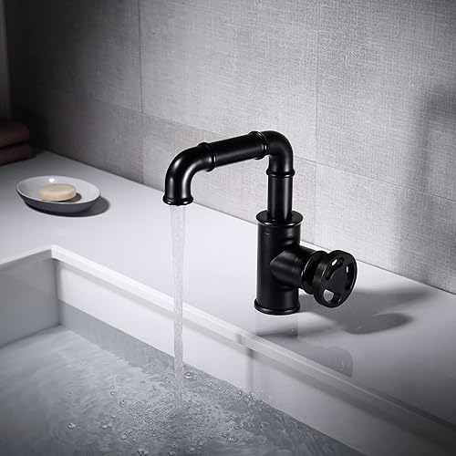 Miniatura 3 de Grifo de tocador de baño negro mate para fregadero de 1 agujero, estilo vintage, estilo industrial, grifo de lavabo de baño, boquilla giratoria de