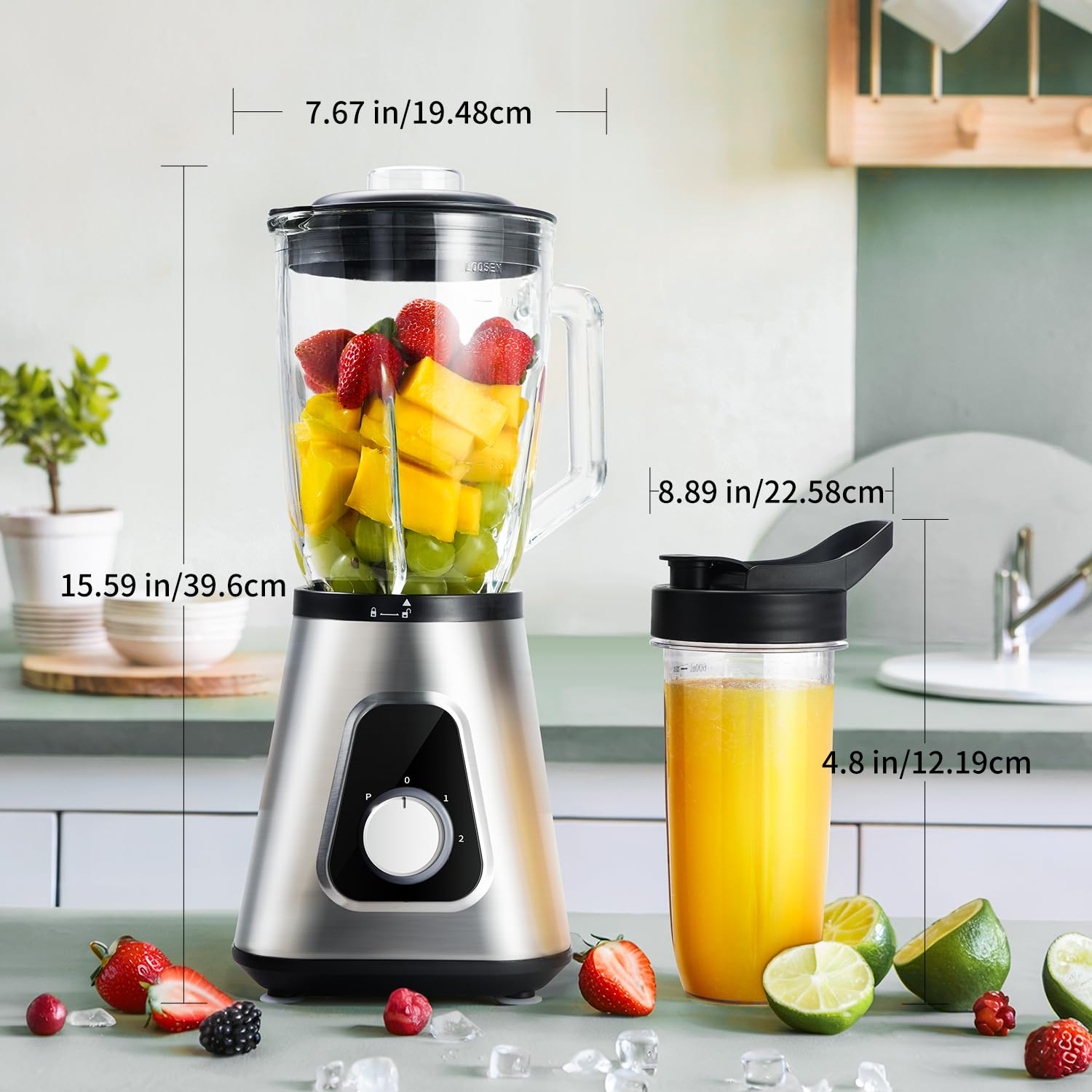 GDOR Frullatore 1200 W ad Alta Velocità, 1,5L Bicchiere in Vetro Resistente +Bottiglia Portatile, 3 Velocità, 6 Lame + 4 Lame in Acciaio Inox per Frullati, Succhi di Frutta, Pestello del Ghiaccio