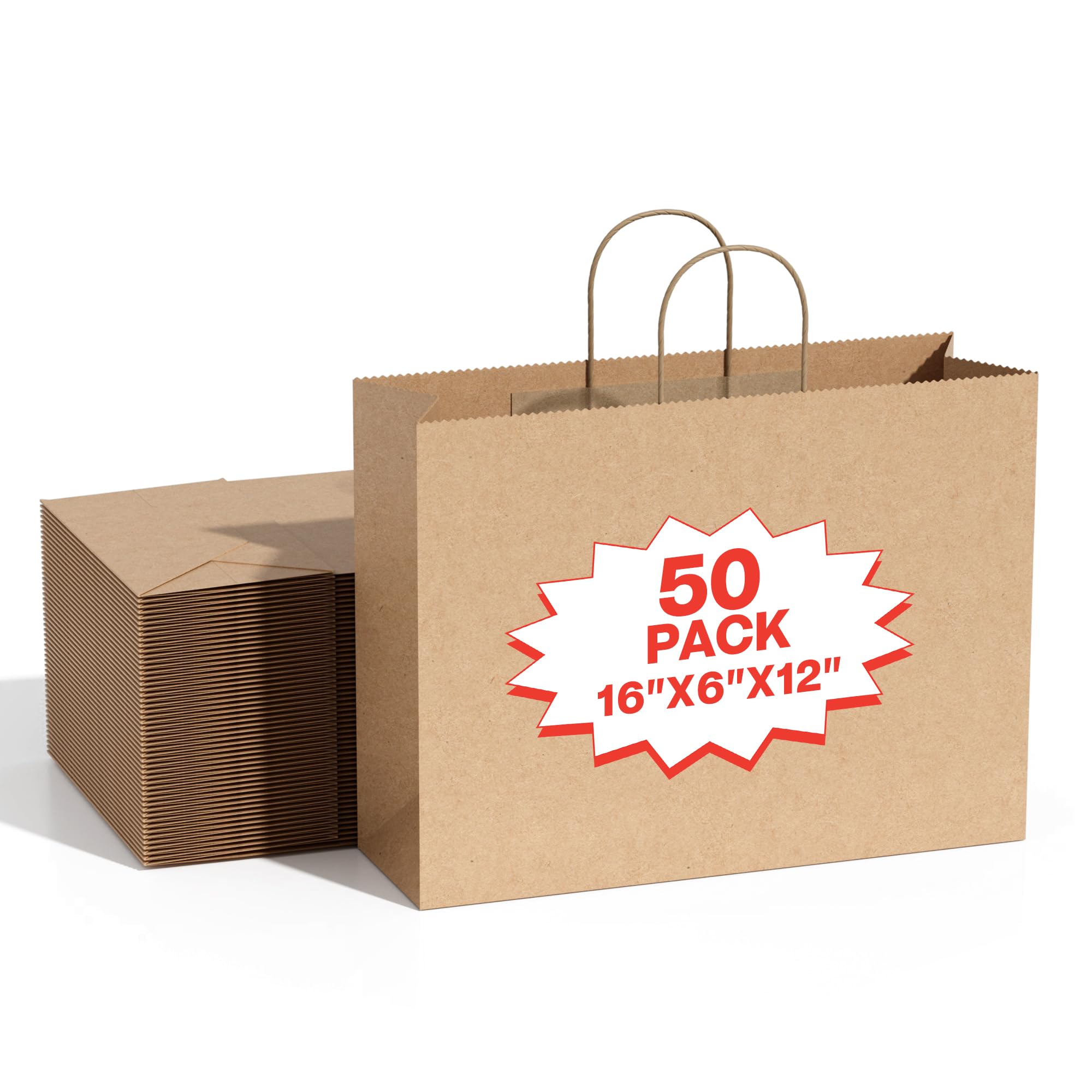 Simple Deluxe 50 Pack 16x6x12 Inch Kraft Paper Bags with Handles - 25 Lb Capacity, 100% Recycled (Premium 100GSM) Natural Brown for Retail &amp; Gift Packaging, Made in USA