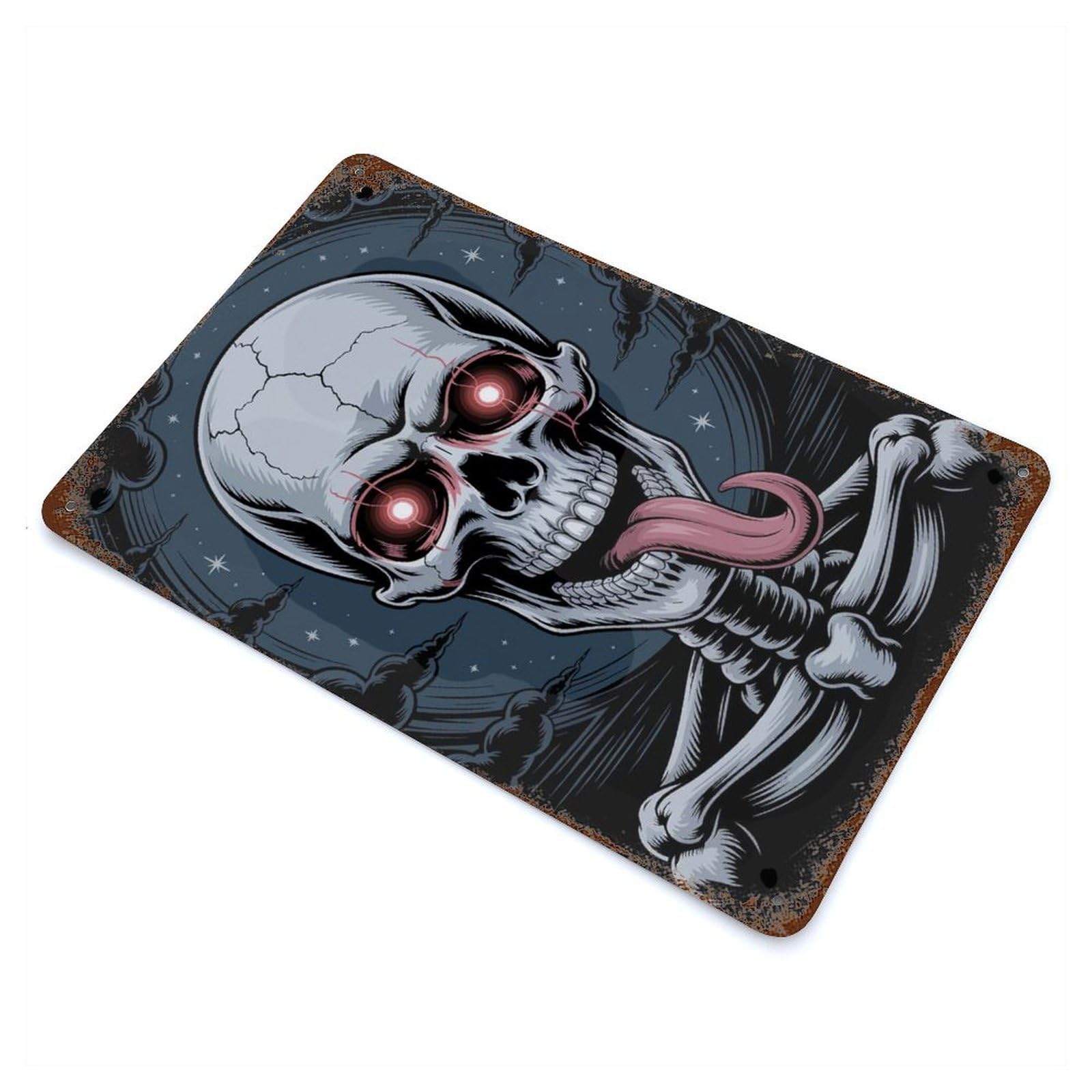 Aged Metal Wall Plaque with Skull with Glowing Eyes And Tongue Design 11.8"x7.9", for Basement, Hobby Room And Garage Decor, Farmhouse Wall Decor