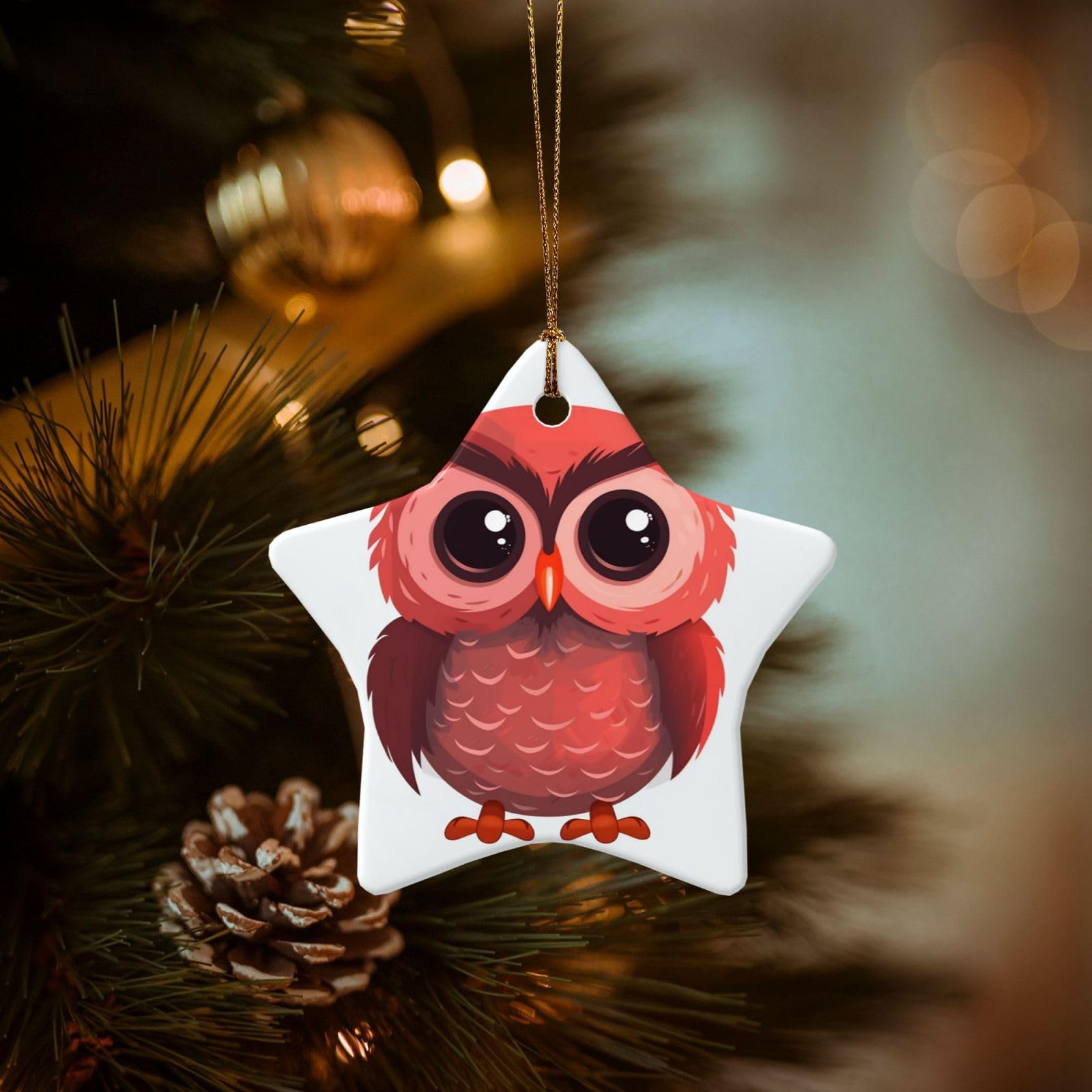 Christmas Ornaments for Christmas Tree Decoration Hanging Cute red owl Ornament with Gold Ribbon Crafts Star Shape Ceramic Pendant for Keepsake Gifts Xmas Decor Party Supplies