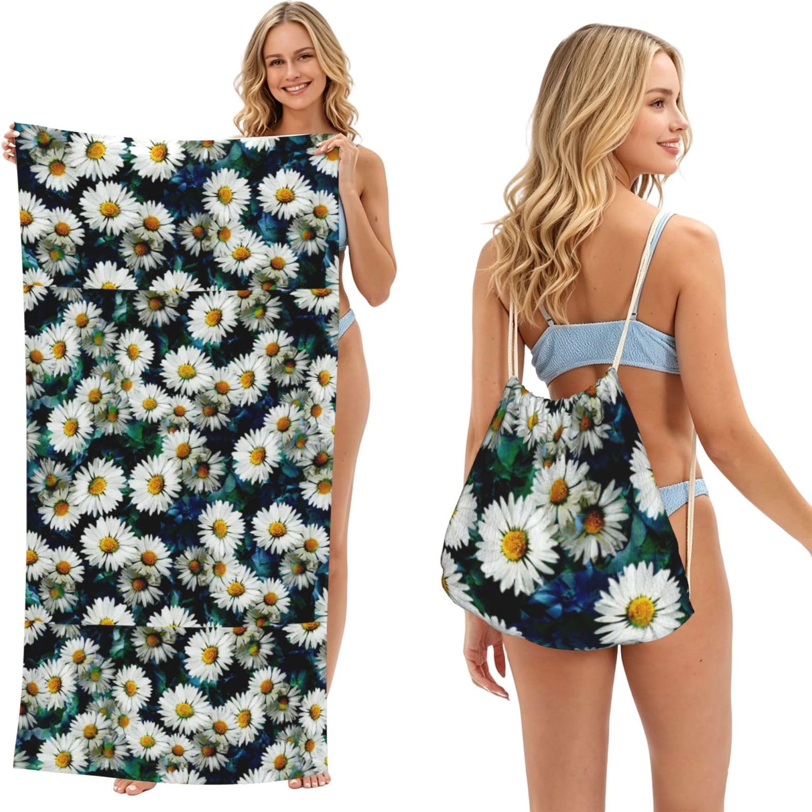 Poadnly As Picture Fashion Daisy, 2 In 1 Packable Towel Bag, Beach Towels With Drawstring Backpack For Travel Holiday Camping