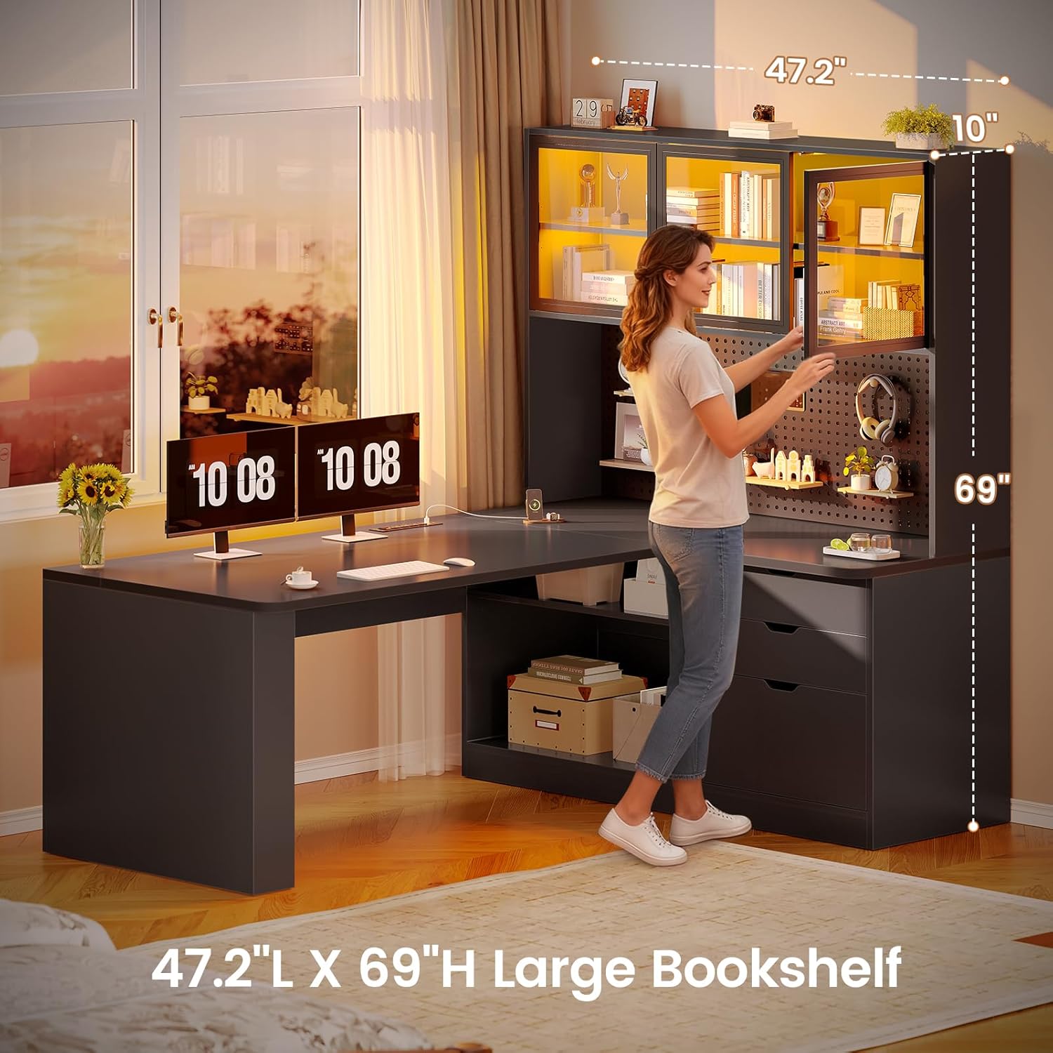 SEDETA L Shaped Computer Desk, L Shaped Corner Gaming Desk with 3 Wood Drawer and Large Bookshelf, Home Office Desk with LED Light, Display Cabinet and Pegboard, 27.5" W Large Desktop Table, Black