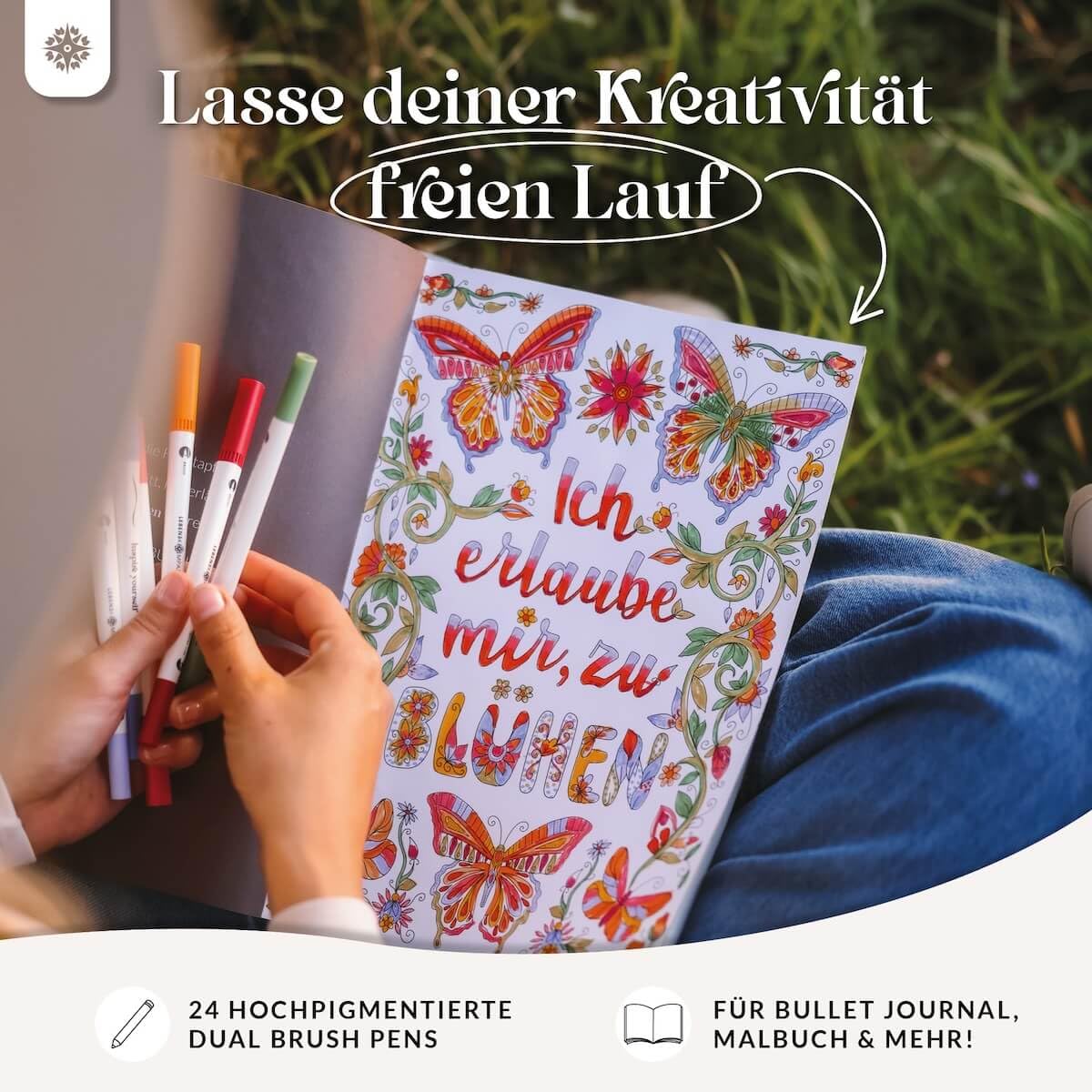 LEBENSKOMPASS Brush Pen Set mit 24 wasserbasierten Dual Brush Pen Stiften - Pinselstifte für: Malbuch für Erwachsene, Handlettering, Kalligraphie & dein Bullet Journal