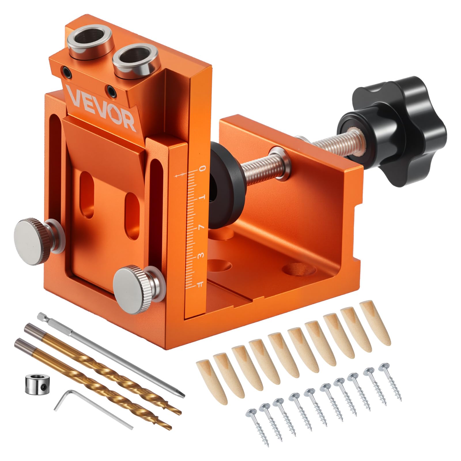 VEVOR Kit Maschera per Fori Ciechi Regolabile da 12 mm a 48 mm, Sistema di Fori Tascabili con Trapano a Gradini, Chiave Esagonale, Anello di Arresto del Trapano, per la Lavorazione del Legno