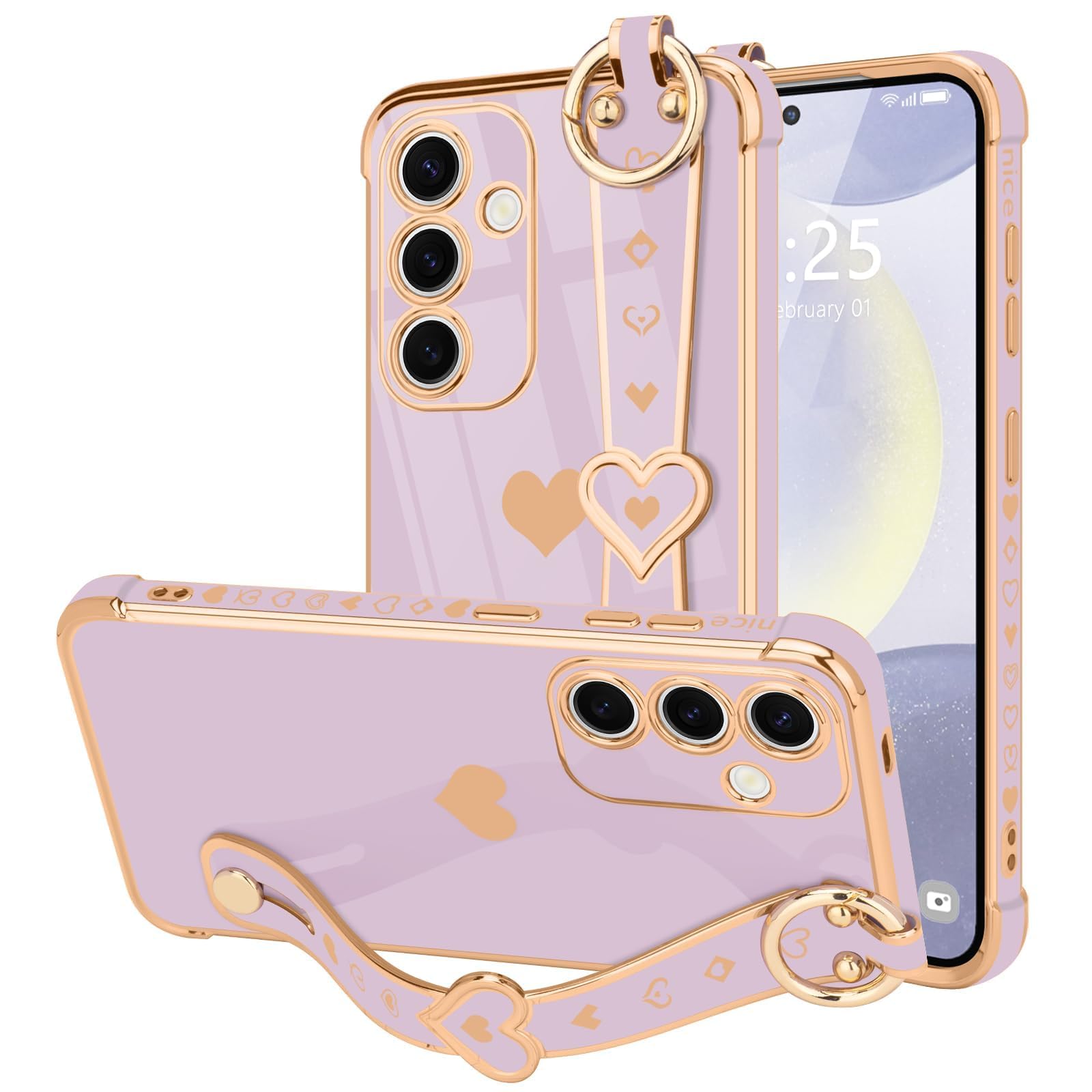 LLZ.COQUE for Samsung Galaxy S24 Case Cute Love-Heart Plating Strap Phone Cover for Women Girls Bling Silicone Camera Protection Bumper Shockproof