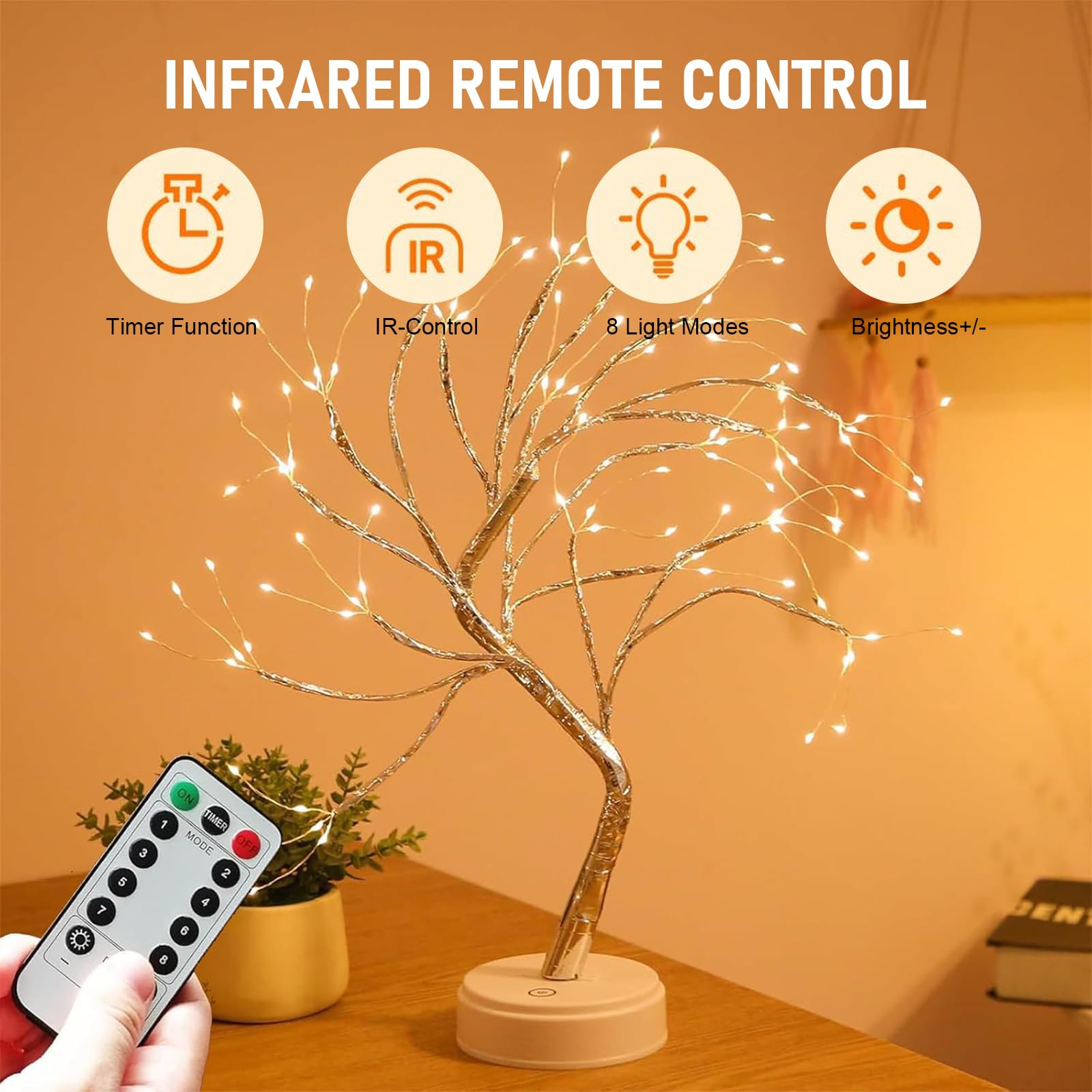 Arbre Lumineux LED, 108 LED Lumière d'arbre Intérieur, 8 Modes Variable, Lampe Arbre Lumineux Branches Réglables, pour la Décoration de Fête de Mariage, Alimentation par USB/Batterie