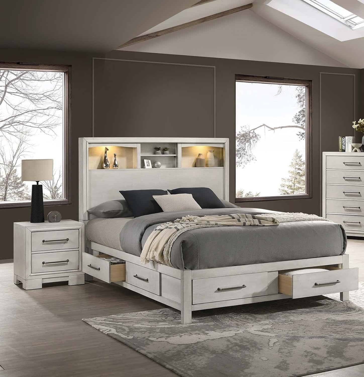 Queen Size 1pc Bed Smooth Gliding Drawers Metal Handles Built in Lights Open Headboard Shelves Antique White Bedroom Furniture