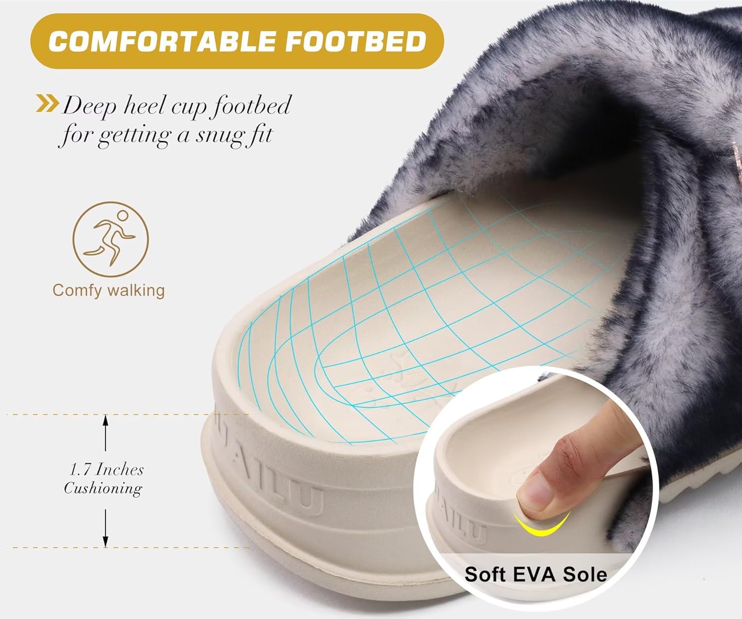 KuaiLu Women's Fluff Slippers Plantar Fasciitis Arch Support Platform Slippers Ladies Fashion Open Toe Faux Fur Sliders Womens House Slipper Size 6-12 - Image 4