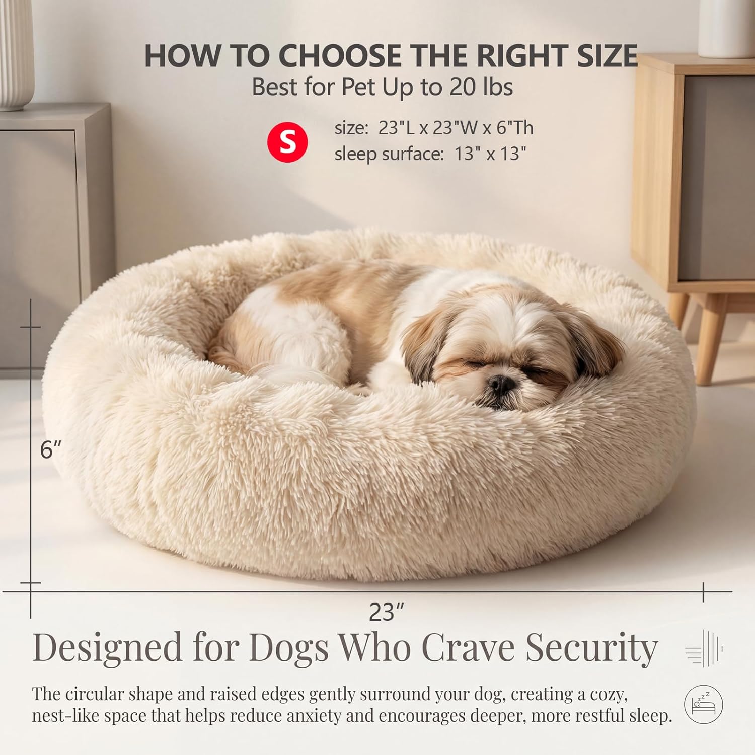 Calming Donut Dogs Beds for Small Dogs Washable,23inch Plush Round Pet Bed for Cozy Sleep,Fluffy Faux Fur Large Cat Bed,Fits up to 25 lbs Pets,Beige
