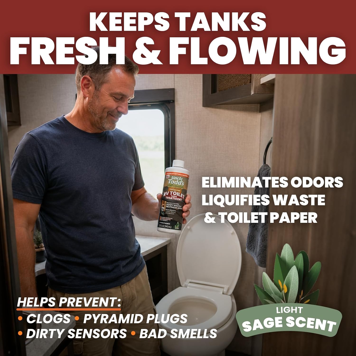 Uncle Todd's 16 oz RV Black Tank Treatment - Sage Scent Liquid, 8 RV Toilet Treatments, Camper Holding Tank Cleaner - Deodorizer for Black/Gray Tanks, Sensor Cleaner, Made in USA - Digests Waste Fast