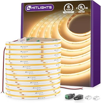 HitLights COB LED Strip Lights Warm White 3000K, 32.8ft Premium High Density 24V Tape Light, 5120 LEDs, 350+ LM/FT, CRI 90+, IP30, Lighting for Kitchen, Cabinets, UL Listed Power Source Not Included