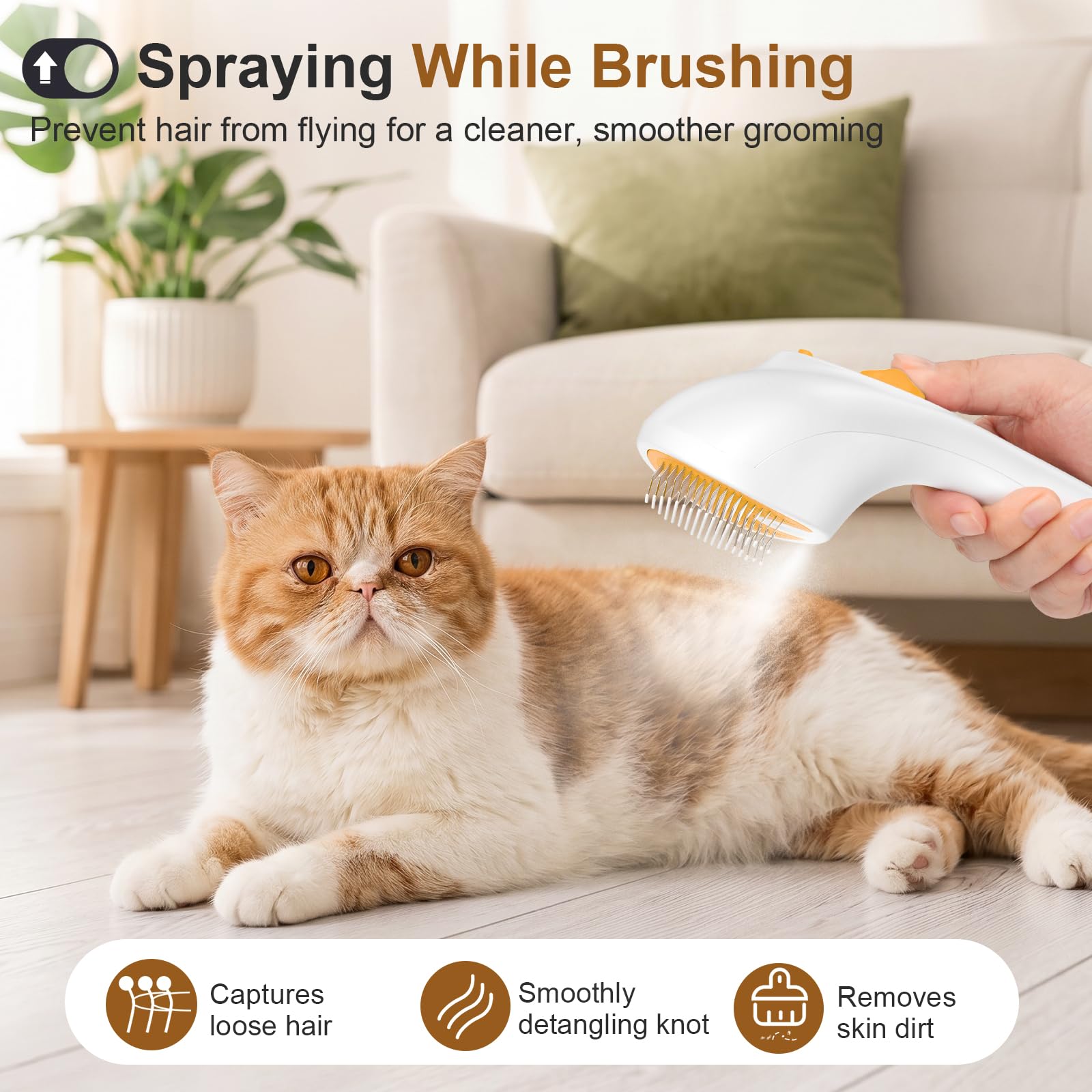 Euqvunn Brosse Vapeur pour Chat avec Bouton de Déverrouillage, [Design Ultra-Silencieux/Poignée Confortable] Brosse Chat Vapeur Brosse Chien Vapeur Rechargeable pour Chats, Chiens, Lapins(Jaune)