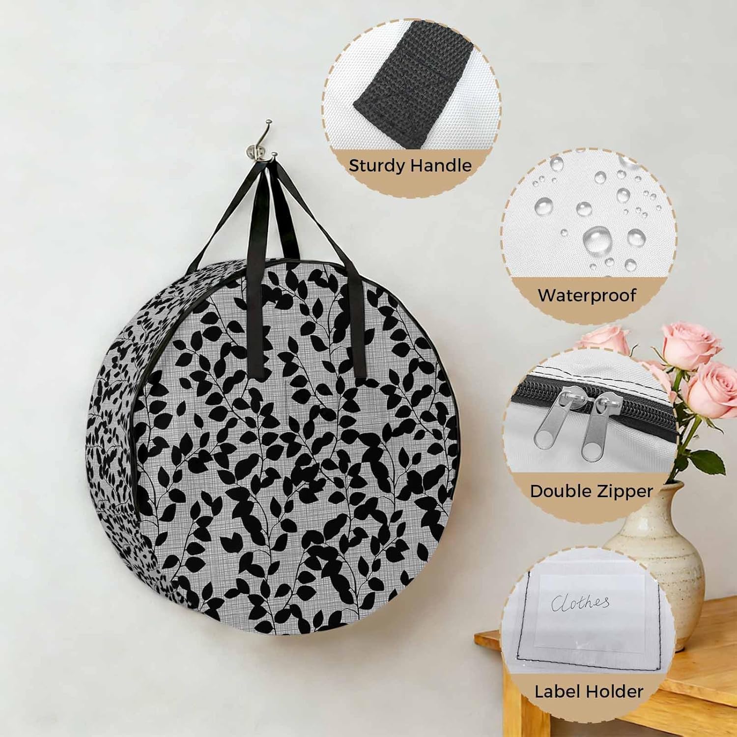 Storage Bag Branch Leaves Round Storage Totes Bins Closet Organizers with Zippers & Handle Plant Black Clothes Storage Container for Bedroom Dorm Space Saving Packing Supplies Moving Bags