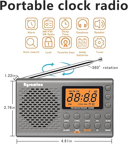 Miniatura 2 de Radio portátil AMFMonda corta, radios de bolsillo con pilas, pantalla digital grande, radio reloj con alarma y función de sueño, auriculares