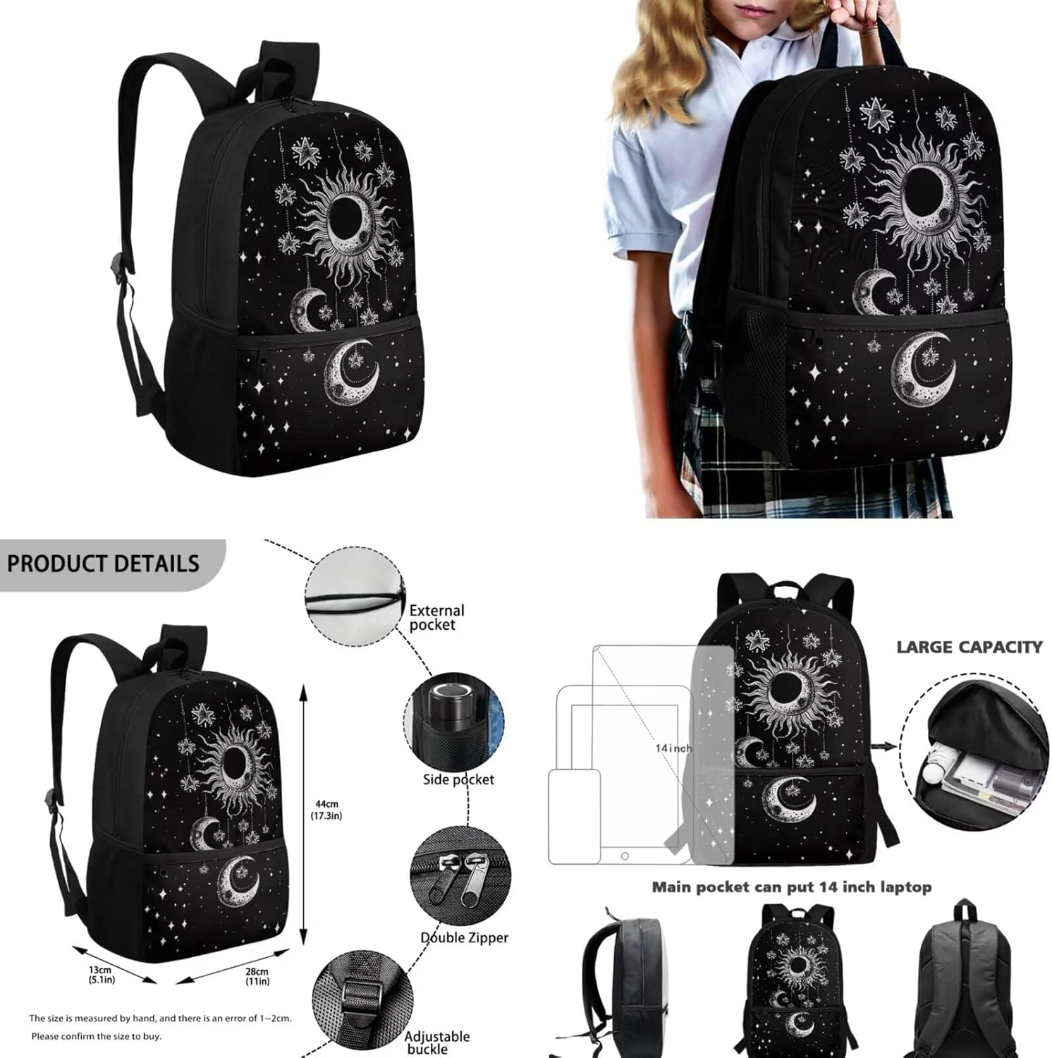 Gothic Sun Moon Stars Backpack for Girls Kids Backpack with Lunch Box Water Bottle Holder and Soft Pencil Case 4PCS Set Bookbag with Front Pocket for School 17 inch Large Capacity School Bag