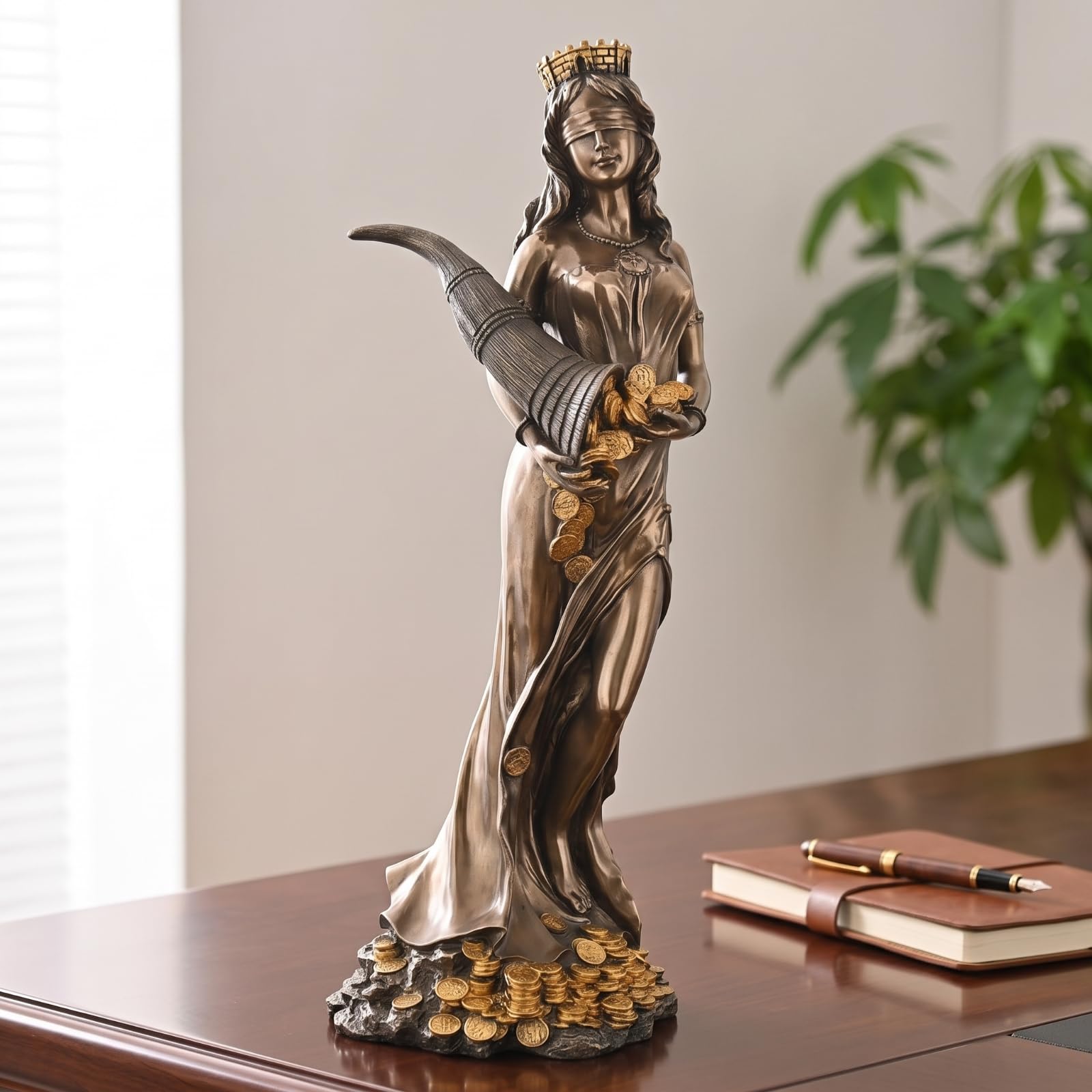 Della Fortuna Bendata con Cornucopia Ornamentale Scultura Dipinta a Mano Figura Decorativa per Ufficio, Statua Della Dea Del Destino - Piccola Resina + Polvere Di Rame