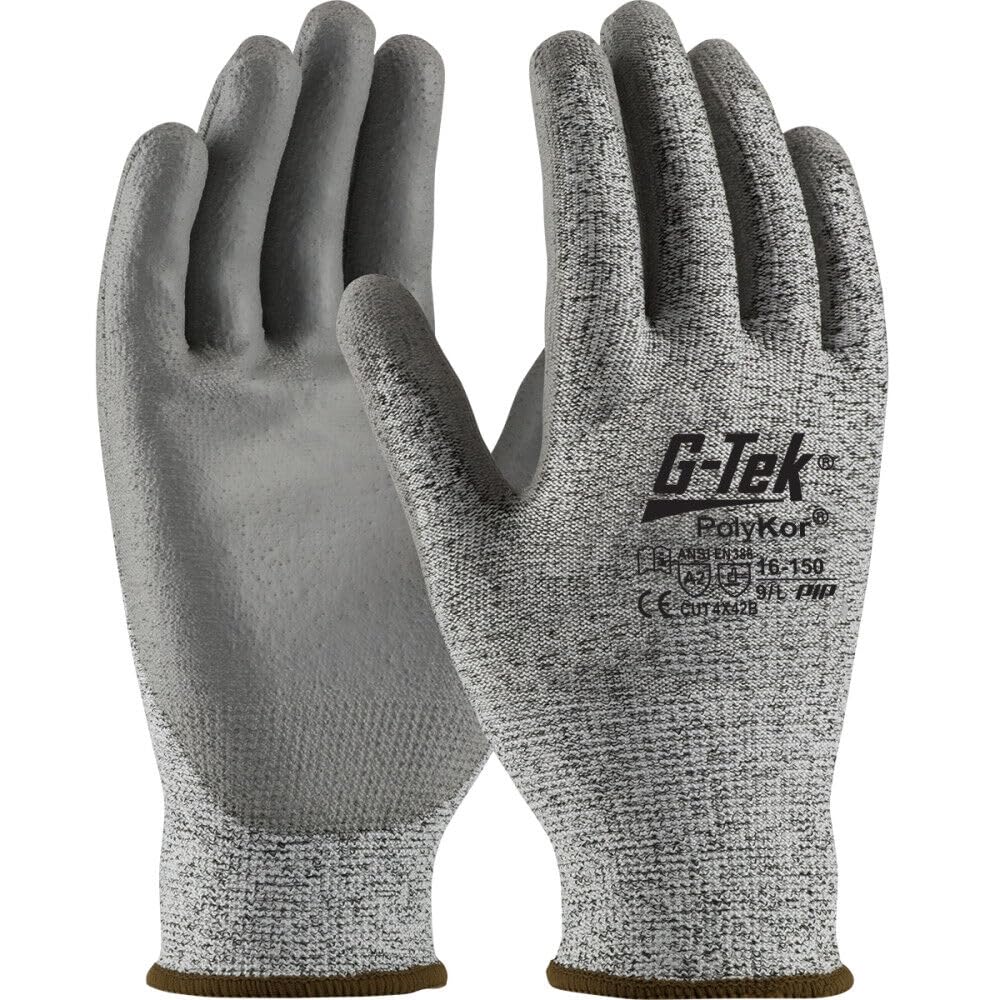 G-Tek 16-150/L, Seamless Knit PolyKor® Blended Glove with Polyurethane Coated Flat Grip on Palm & Fingers
