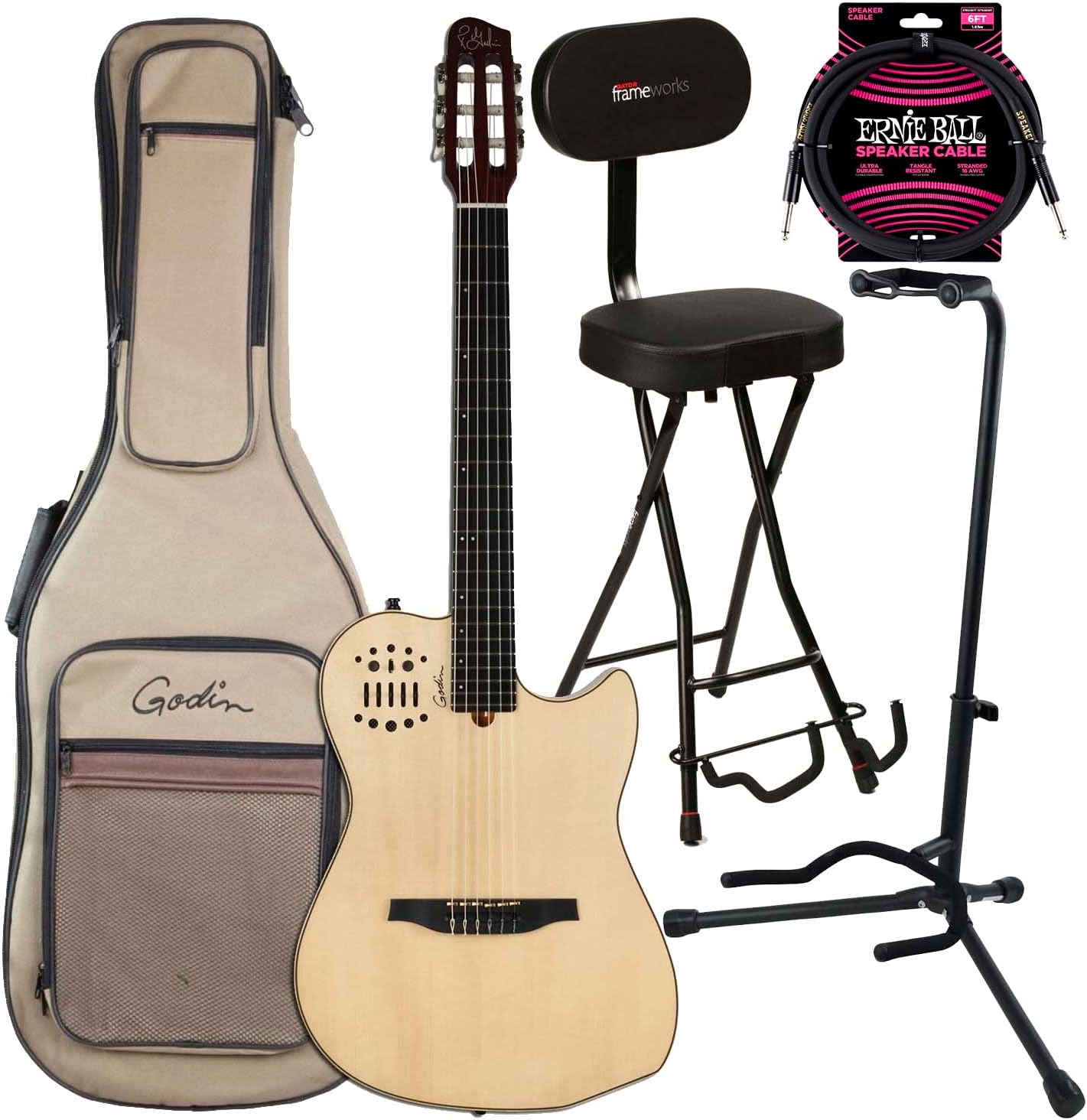Godin (004690) MultiAc Nylon SA Electric Guitar, GFW-GTR-SEAT, Stand, EBall Cable Bundle