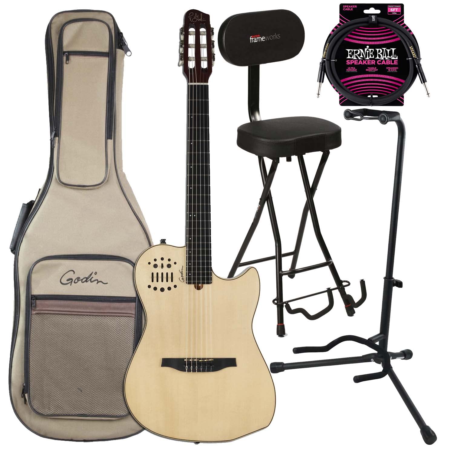 Godin (004690) MultiAc Nylon SA Electric Guitar, GFW-GTR-SEAT, Stand, EBall Cable Bundle