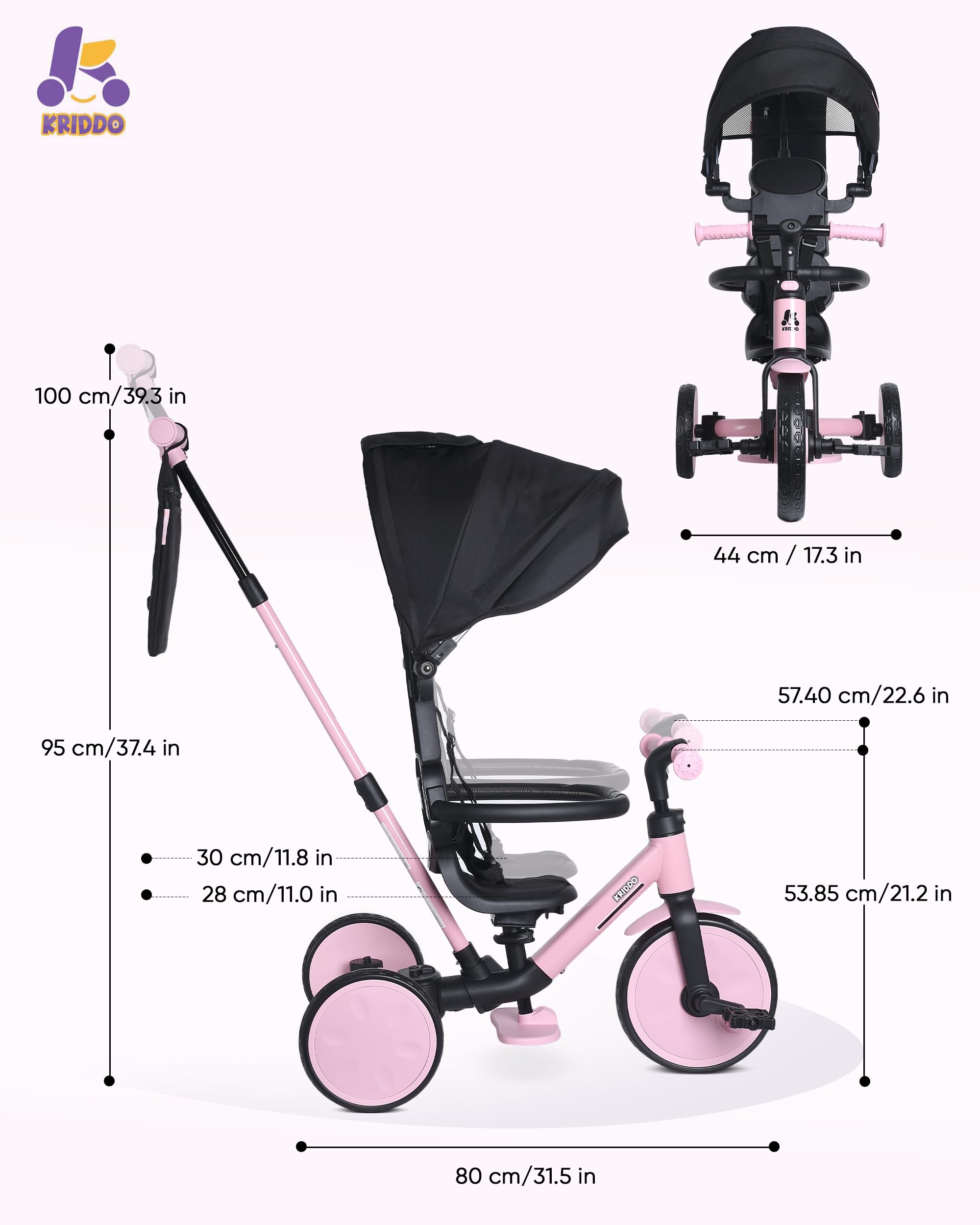KRIDDO Tricycle évolutif 8-en-1 pour Enfants de 18 Mois à 5 Ans, avec poignée parentale, Modes Tricycle et draisienne, Harnais de sécurité à 5 Points, Capote Pliable et Sac de Rangement, Rose