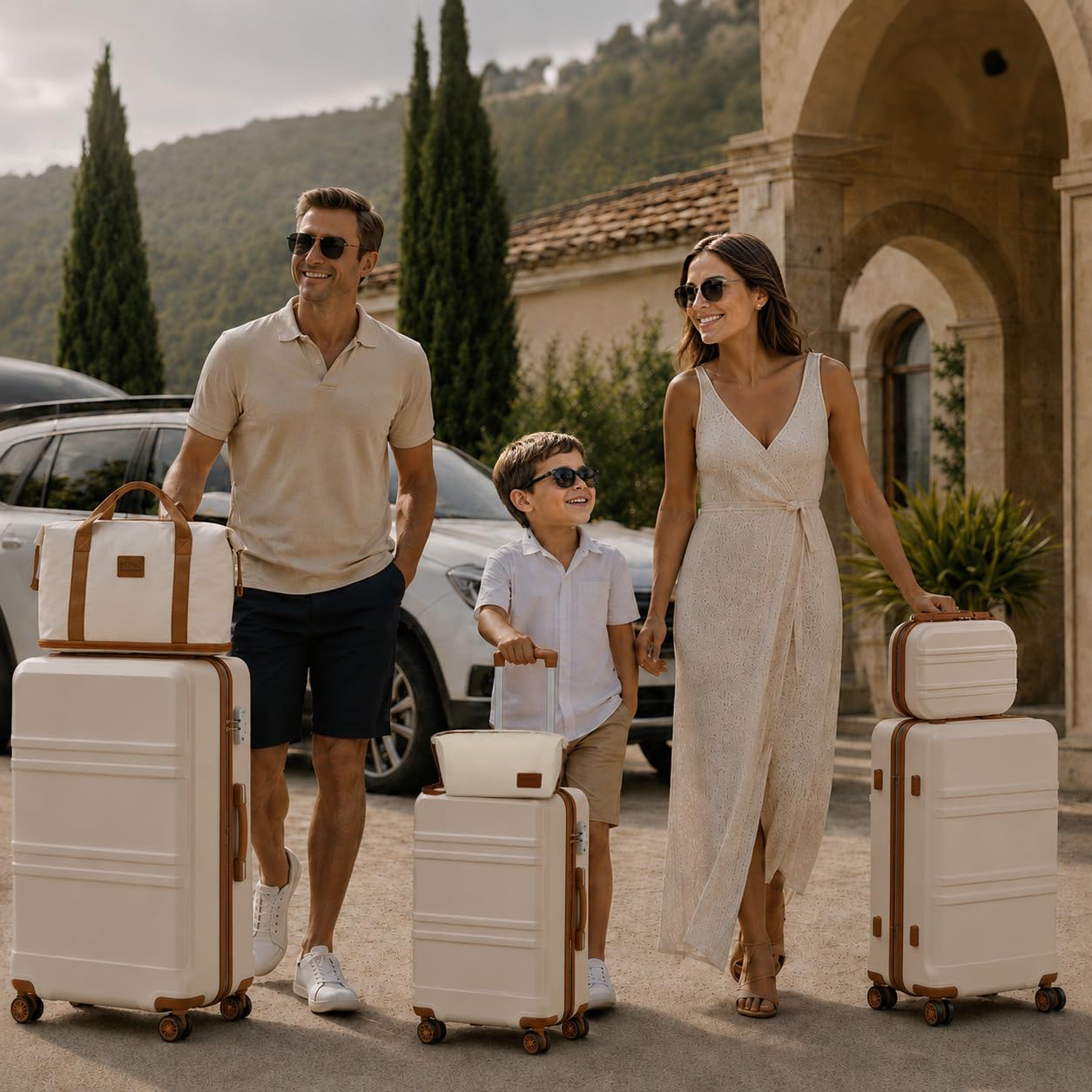 Kono Maletas de Viaje Juegos de 6 Piezas de ABS Ligero Duro Shell Trolley Case con Cerradura TSA 20" 24" 28" Maleta, 12" Estuche Cosmético, Bolsa Duffel y Neceser (Blanco con Marrón)