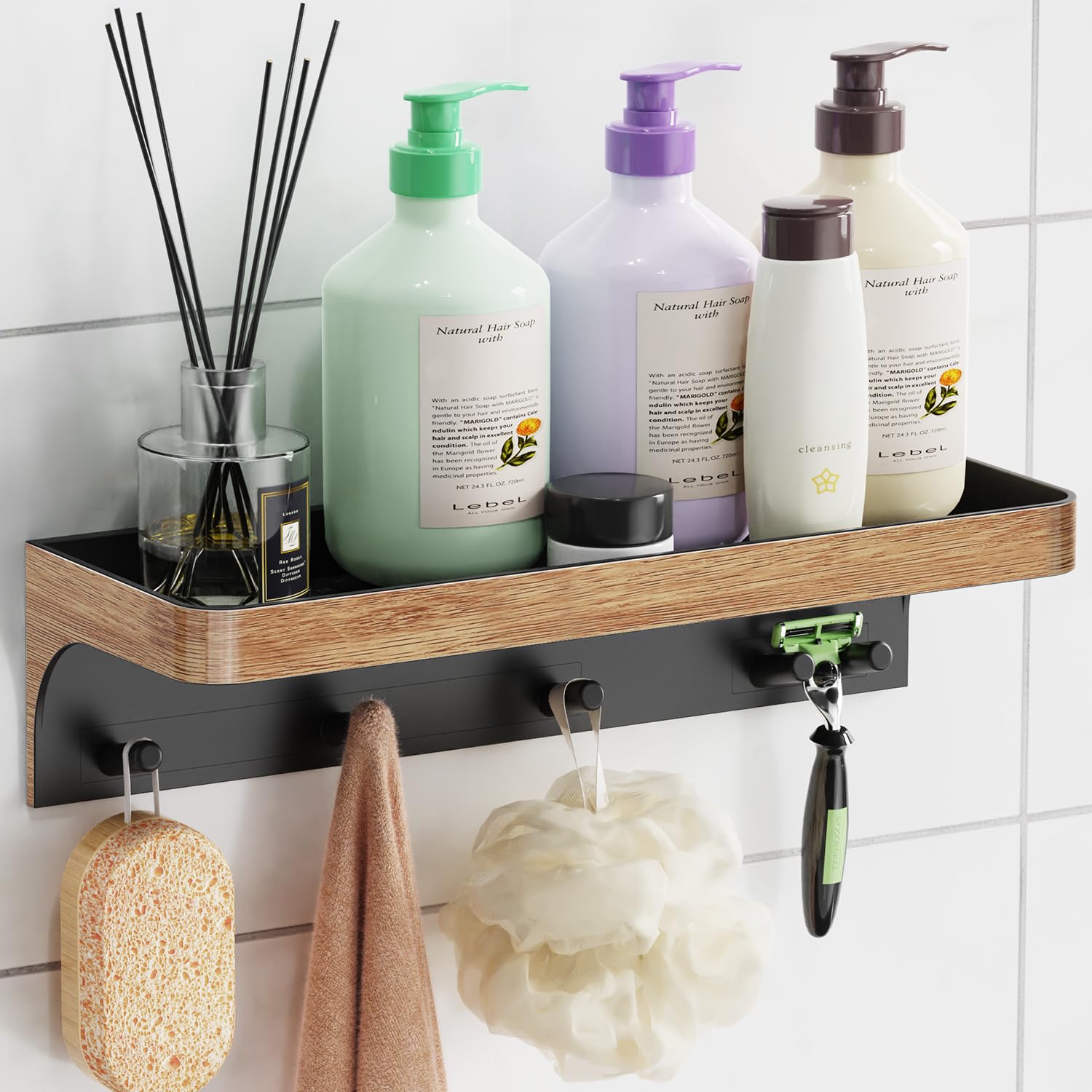 Photo 1 of Lewono Shower Caddy Adhesive, Shower Shelve for Inside Shower, Bathroom Organizers and Storage for Accessories Holder, Rustproof Bathroom Wall Shower Rack Organize with 5 Hooks, No-drill, Wood
