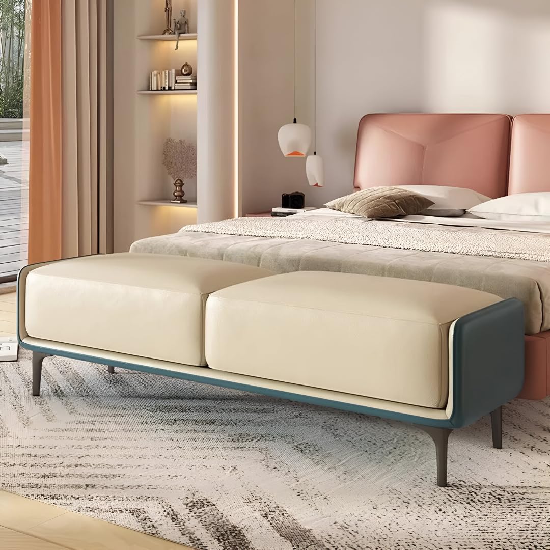 Modern Faux Leather Upholstered Bed End Ottoman Bench Contemporary Design 3 Seater (Blue/Biege)-image-30