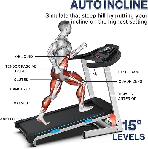 Miniatura 2 de WELLFIT Cintas de correr inclinadas 15% automáticas para gimnasio en casa, 3.75 HP 350 libras de capacidad, cinta de correr Heavyduty, consola LED,