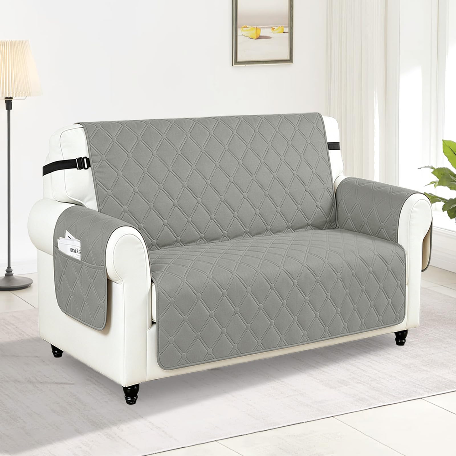 YushengTai Armchair Covers, 100% Waterproof, Anti-Slip, 2 Seater Recliner Chair Cover with Pocket and Adjustable Straps, Anti-scratch Recliner Sofa Covers Suitable for Pets (Light Gray)